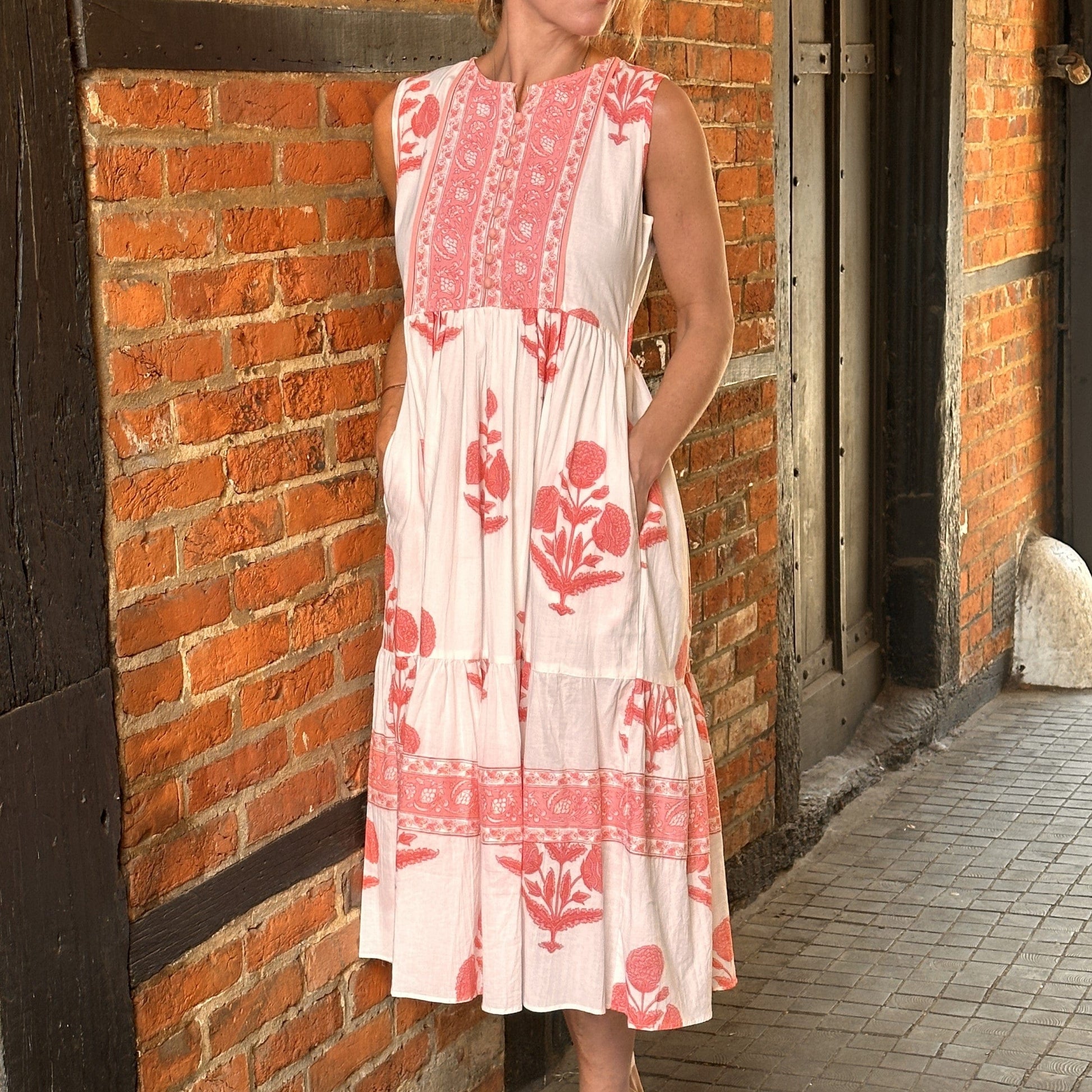 Dresses Block Print Cotton Dress - Blush Marigold - Sleeveless
