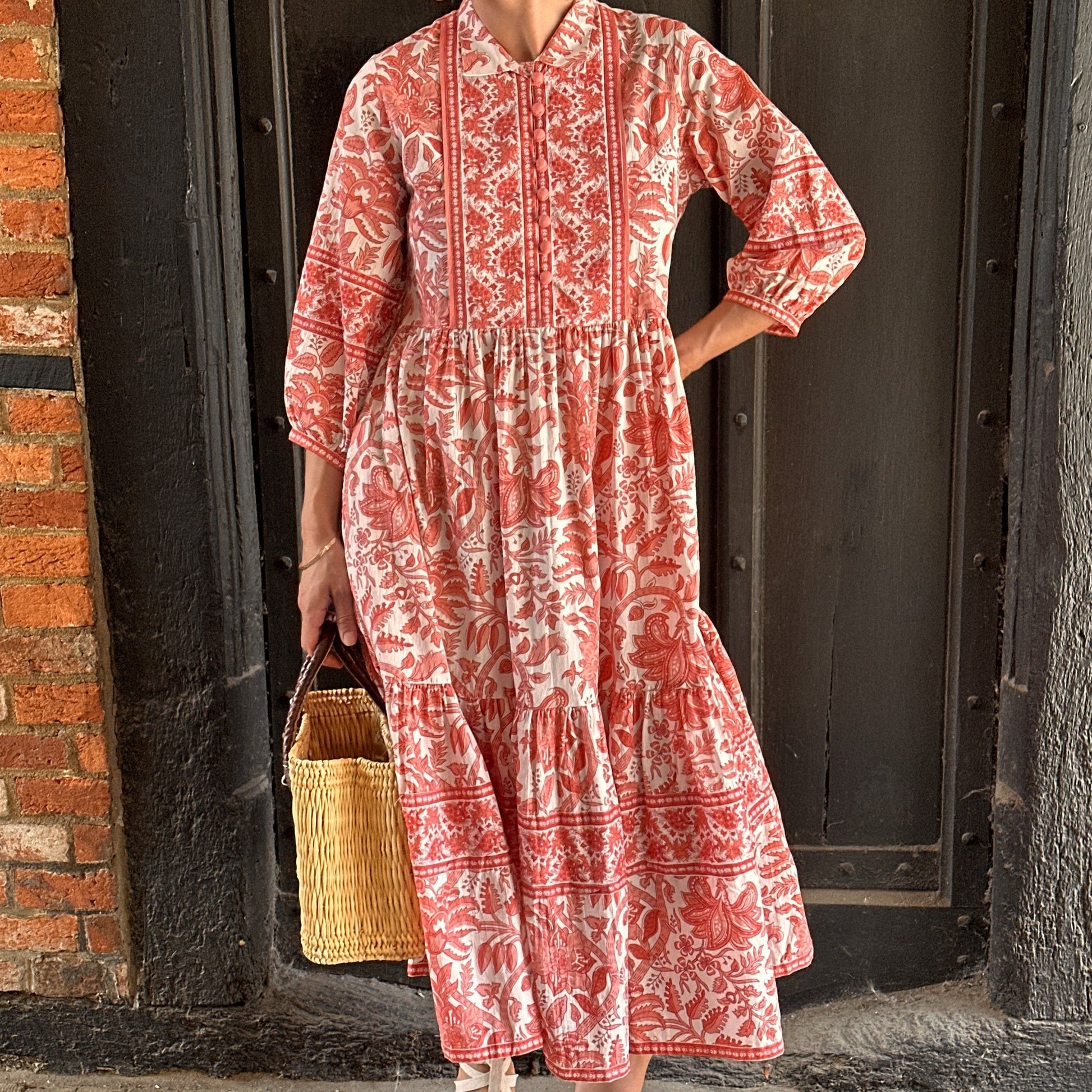 Dresses Block Print Cotton Dress - Coral Climbing Botanicals