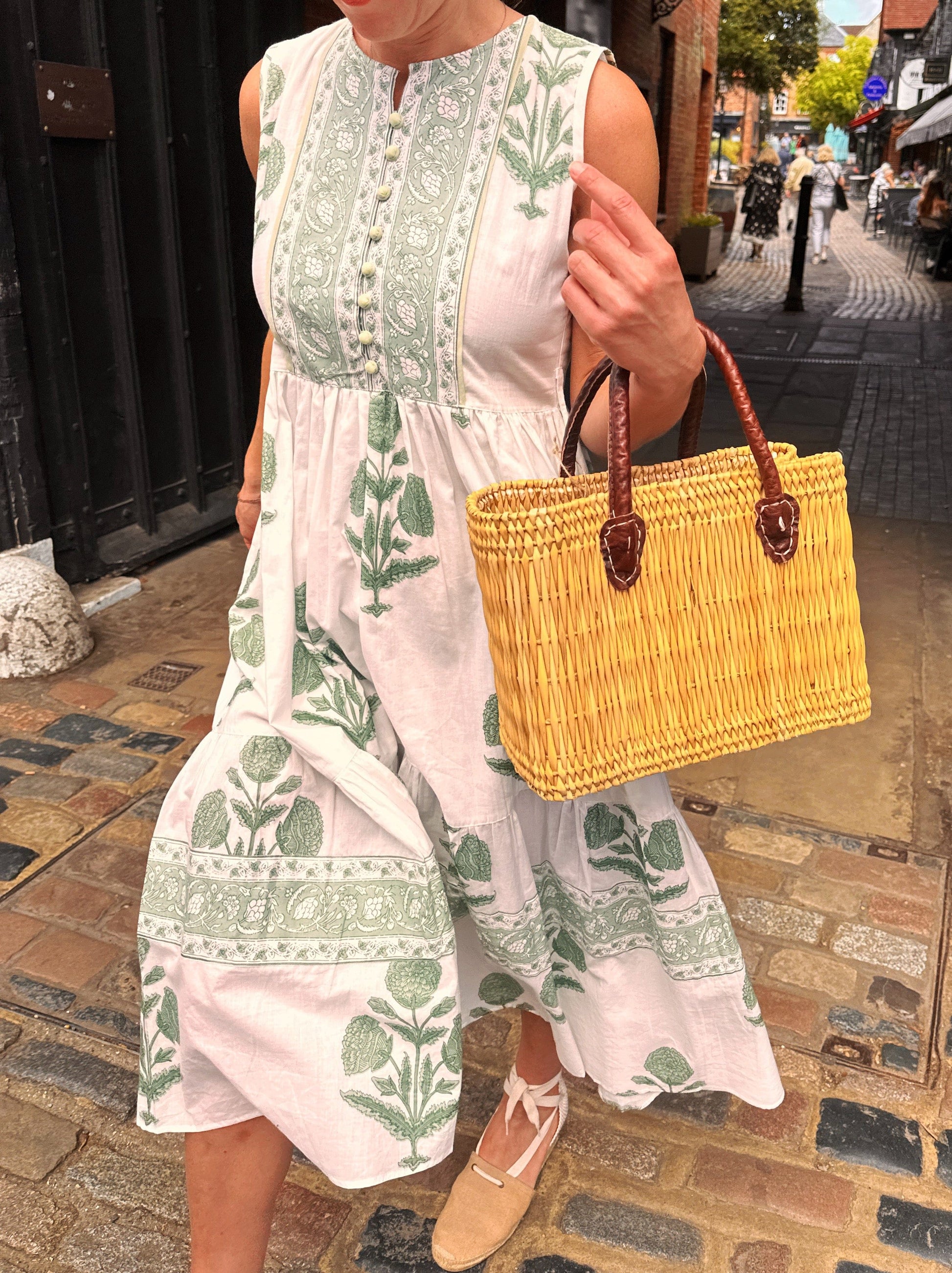 Dresses Block Print Cotton Dress - Sage Marigolds - Sleeveless