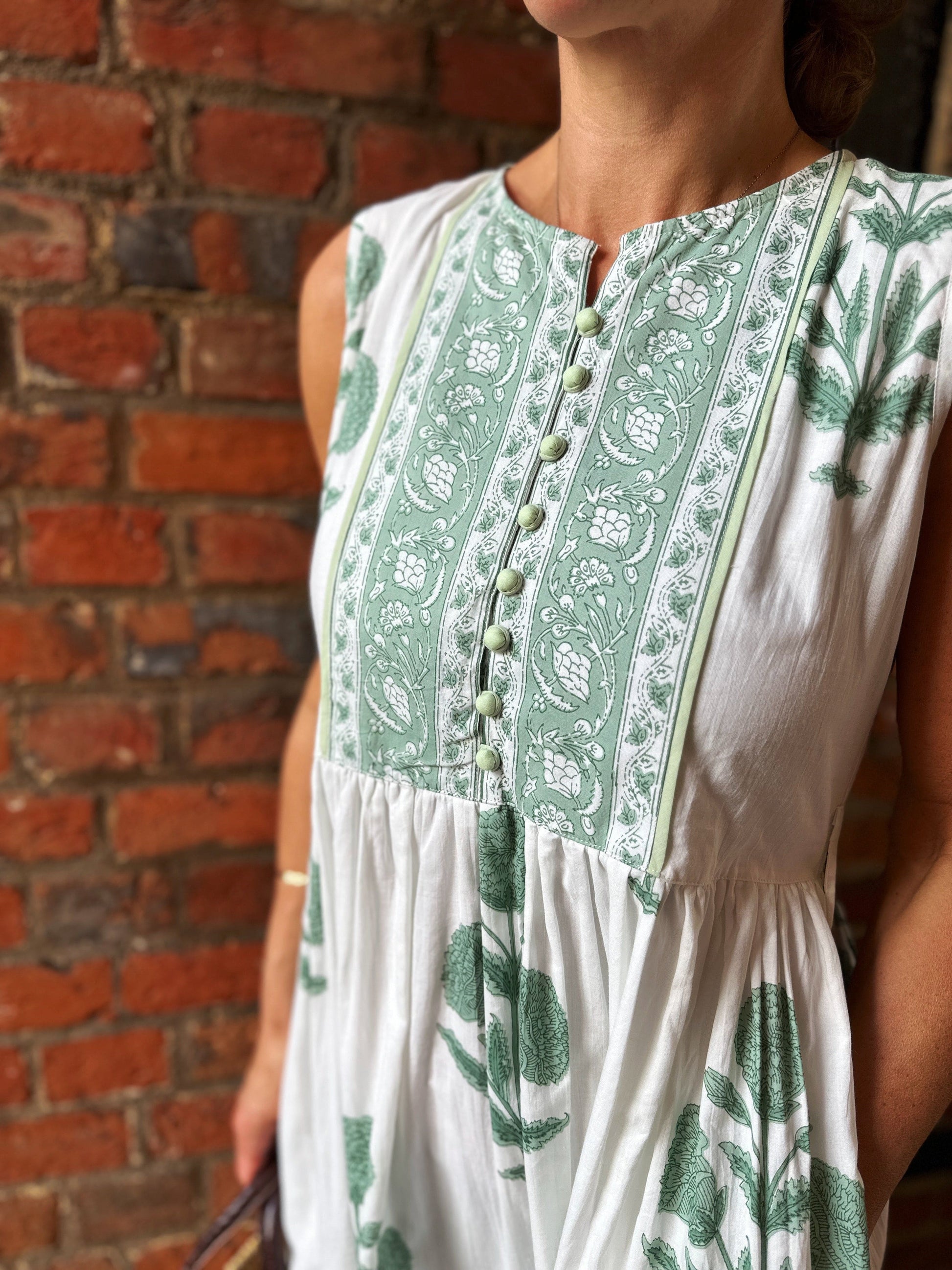 Dresses Block Print Cotton Dress - Sage Marigolds - Sleeveless