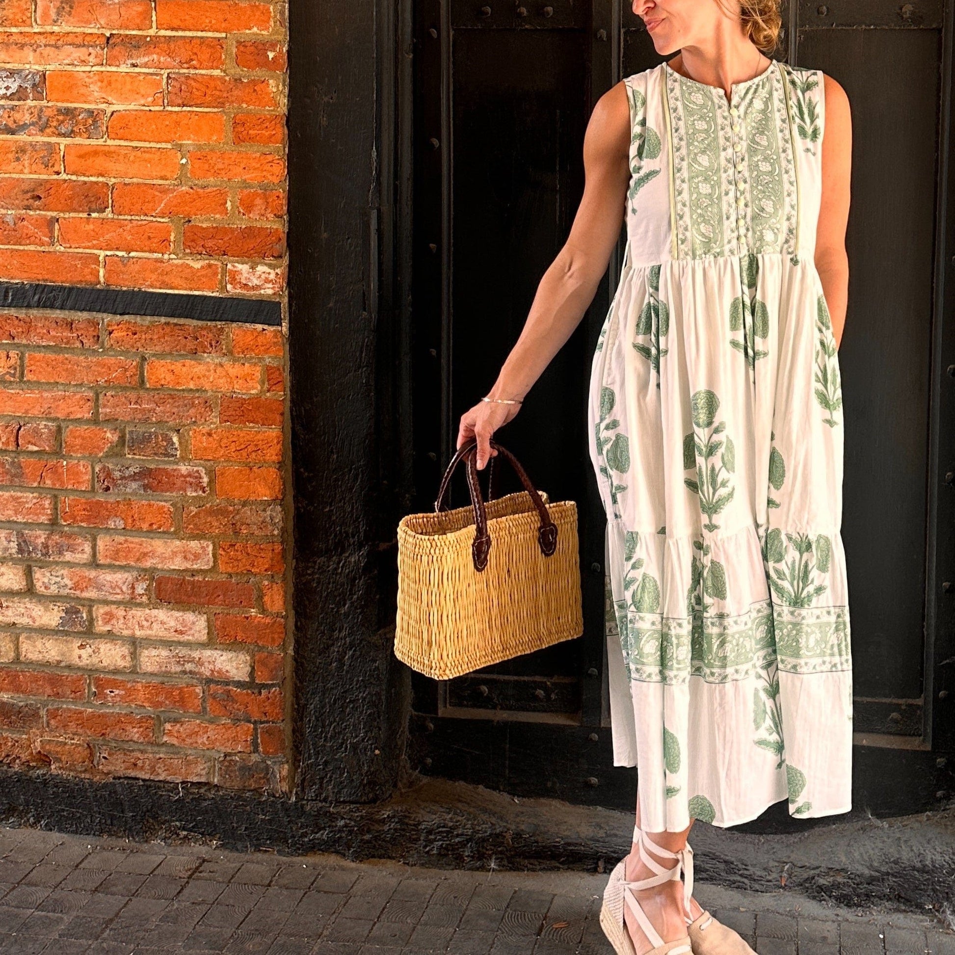 Dresses Block Print Cotton Dress - Sage Marigolds - Sleeveless