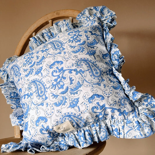 Cushions Blue & White Paisley with Matching Ruffle Cushion 21726