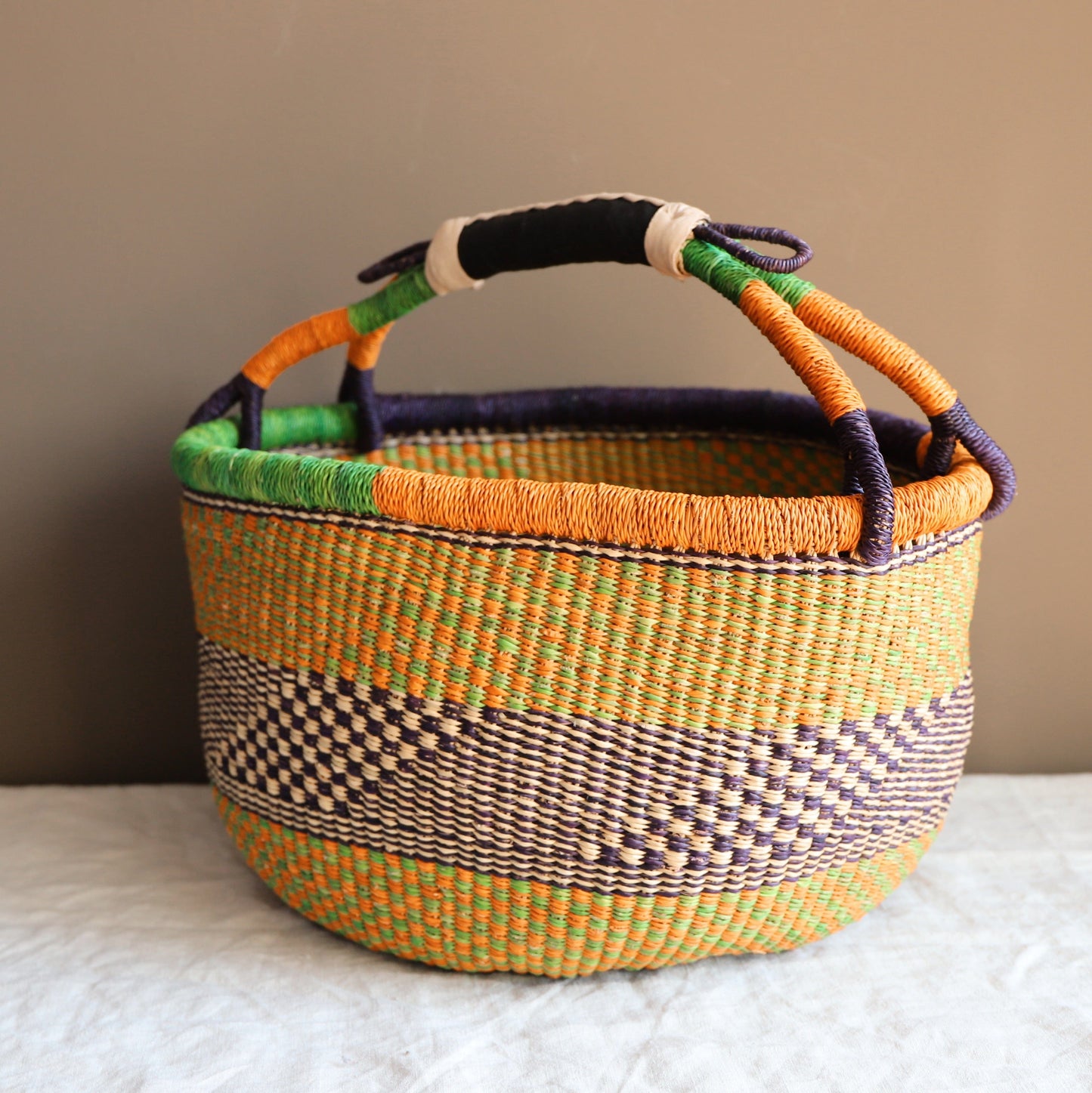 Mabel Baskets & Hampers Bolga Basket - Lime Tangerine & Navy 20202