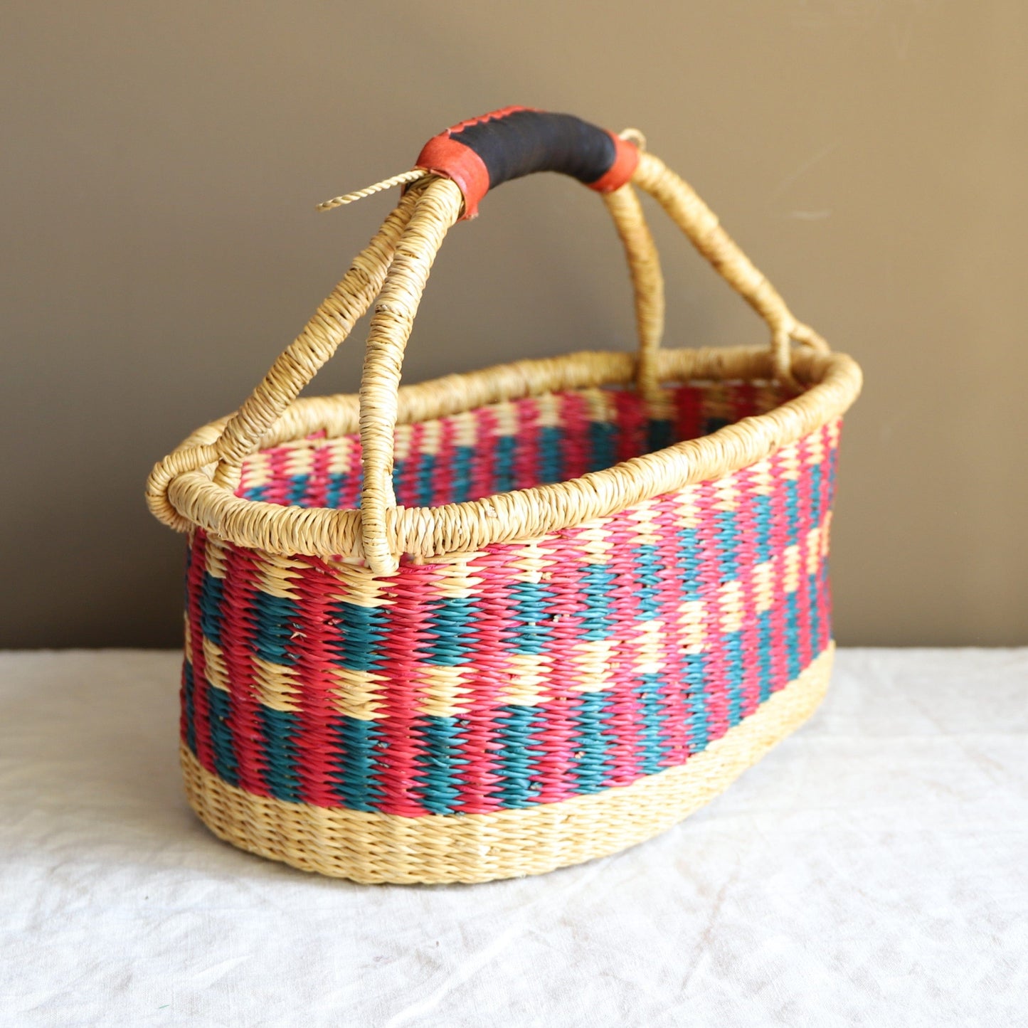 Mabel Baskets & Hampers Bolga Oval Basket Red & Teal 20172