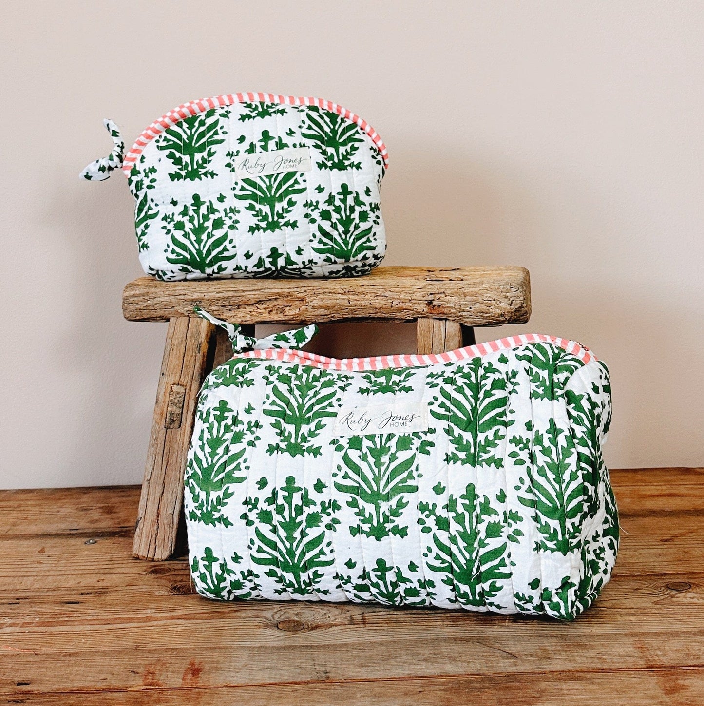 Cosmetics Bags Cosmetic Bag - Asparagus Green Botanical w Pink Stripe