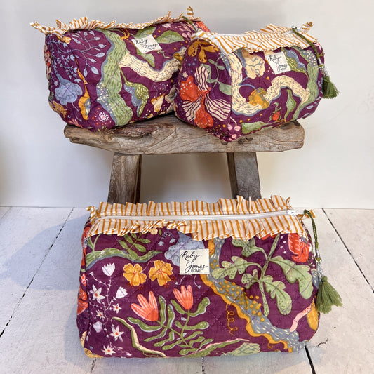 Cosmetics Bags Cosmetics Bag - Nasturtiums on Aubergine with Mustard Frill