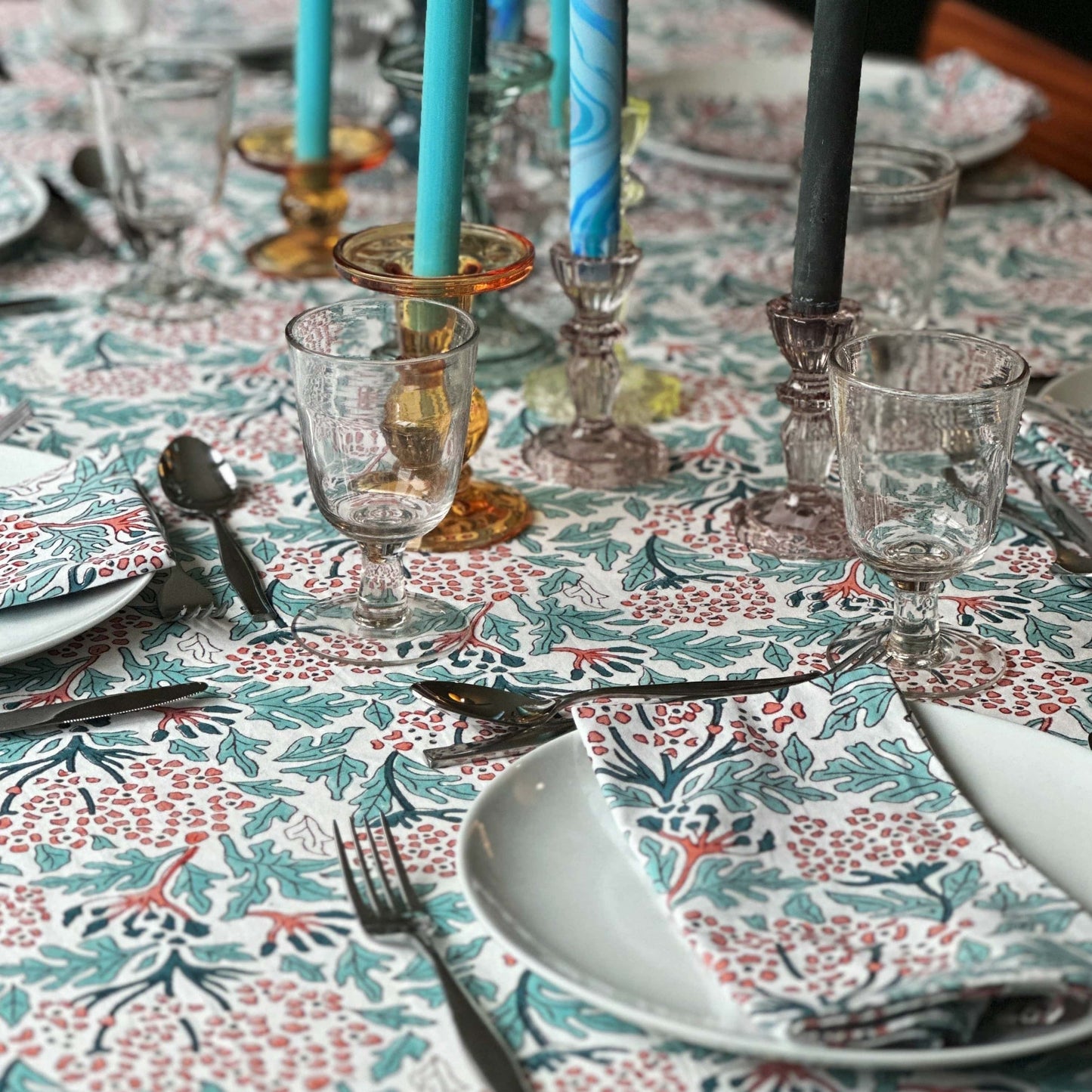 Cloth Cotton Blockprint Napkin - Cambridge Blue & Coral 24933