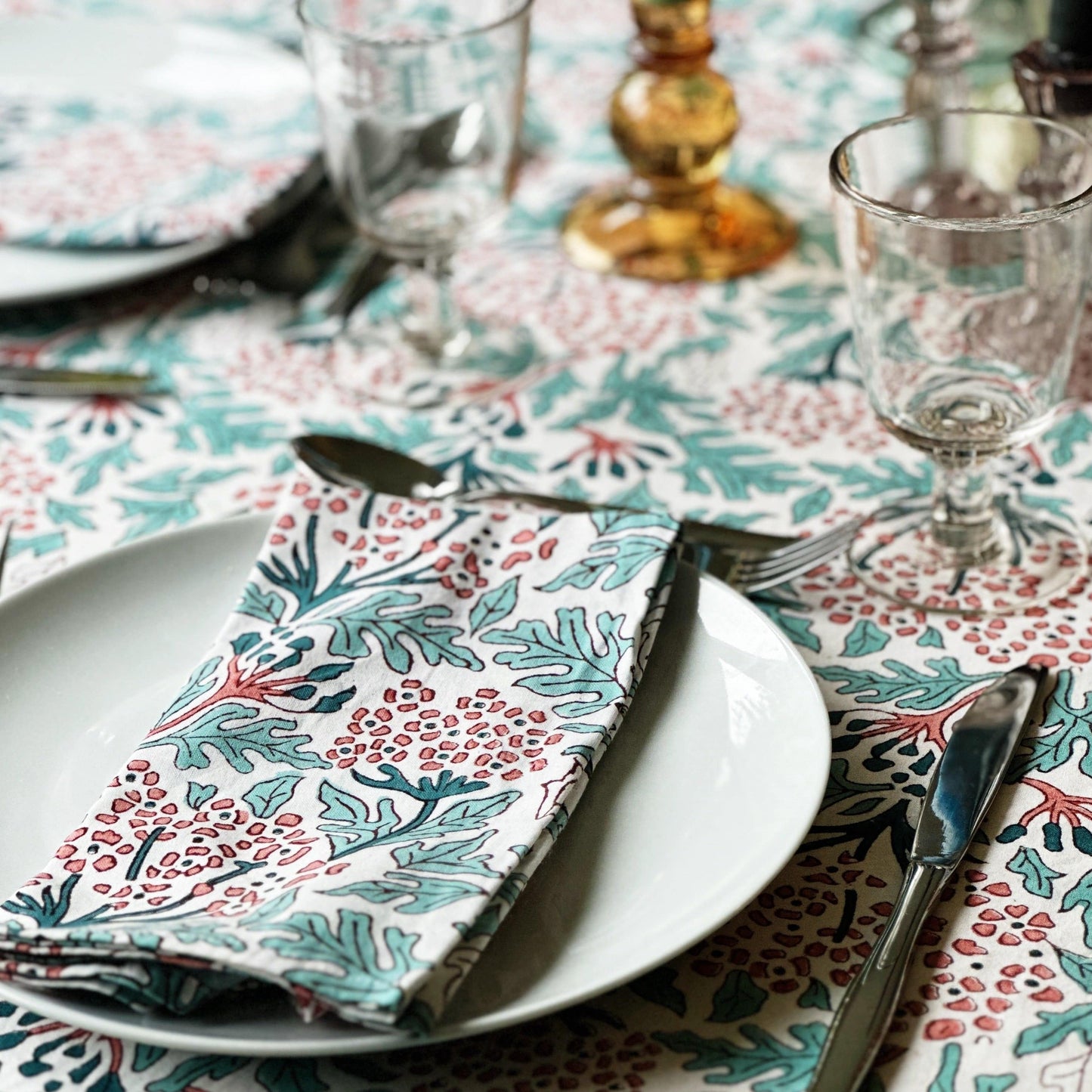 Cloth Cotton Blockprint Napkin - Cambridge Blue & Coral 24933