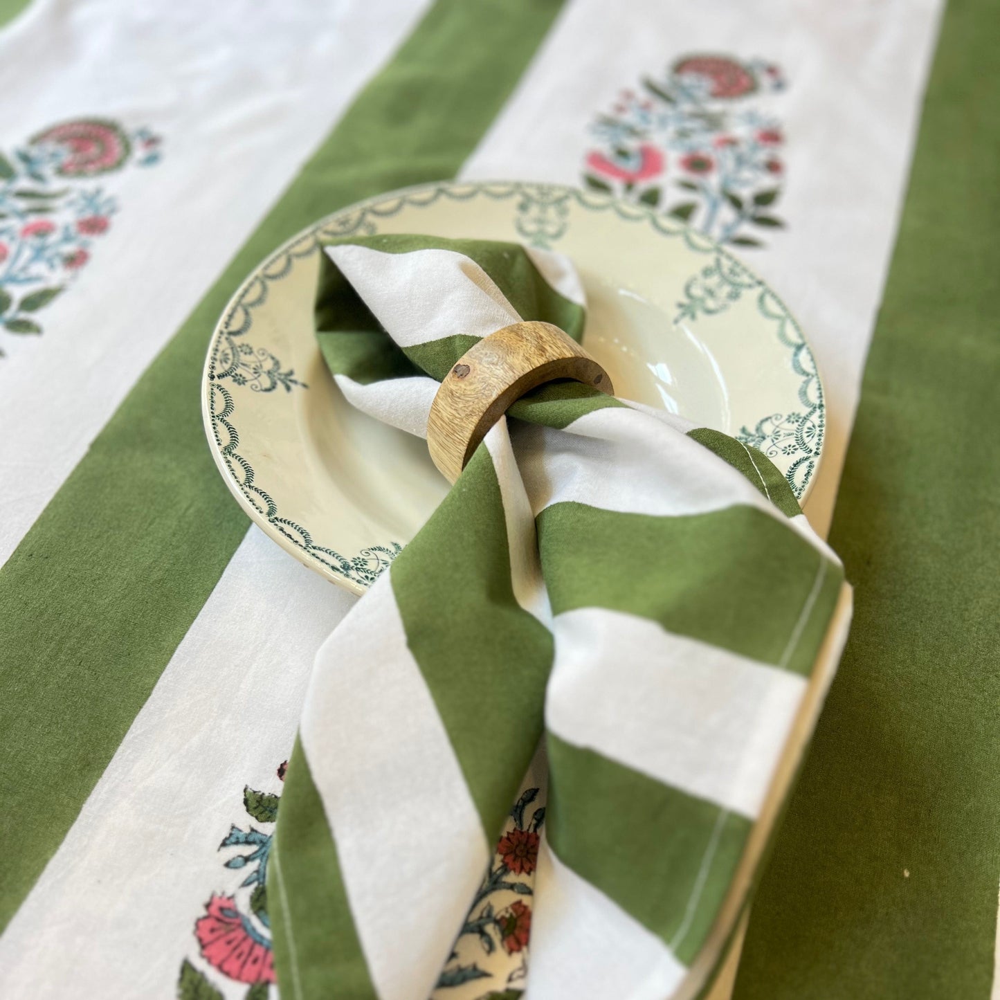 Cloth Cotton Blockprint Napkin - Forest Green Stripe 25085