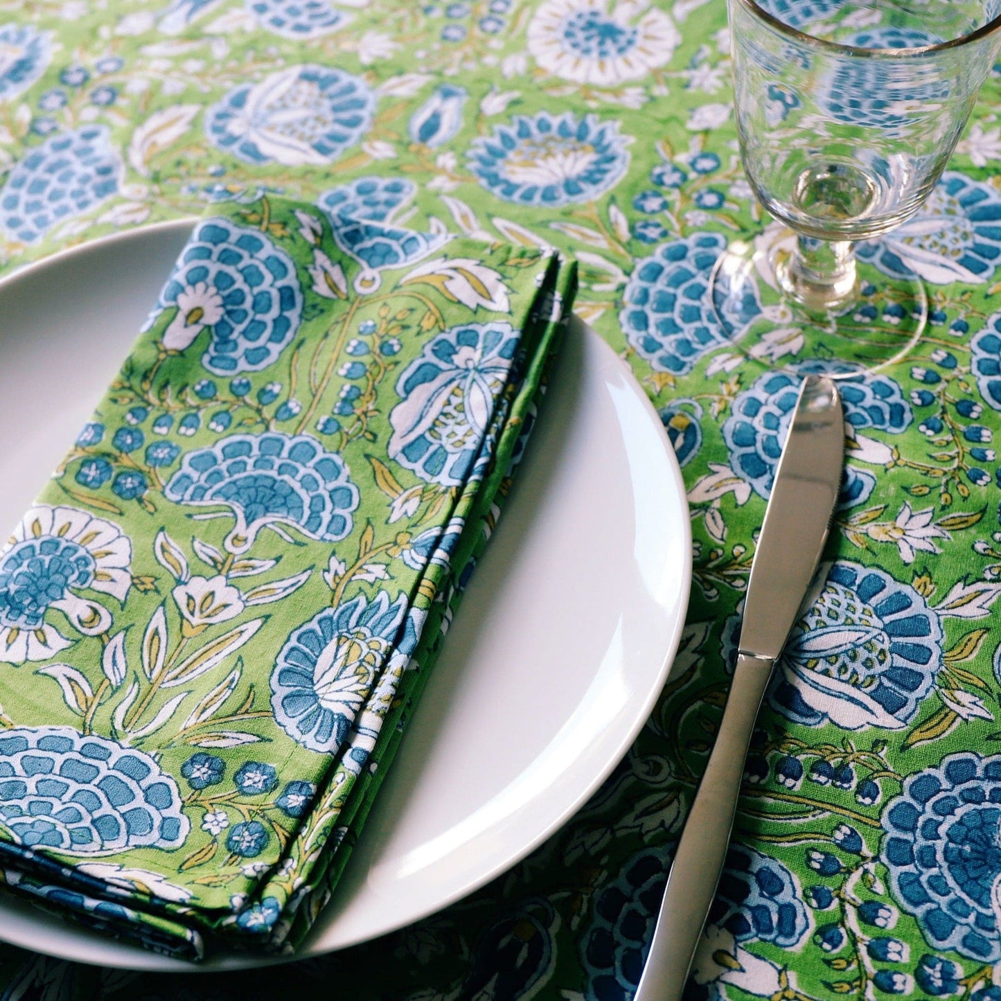 Cloth Cotton Blockprint Napkin - Green & Blue Botanical 24934
