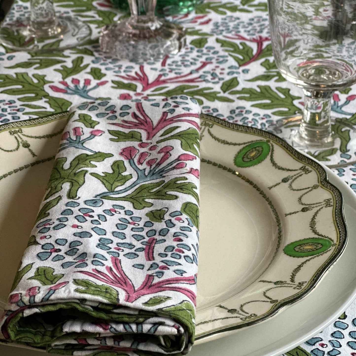 Cloth Cotton Blockprint Napkin - Oak Leaf Hydrangeas 24936
