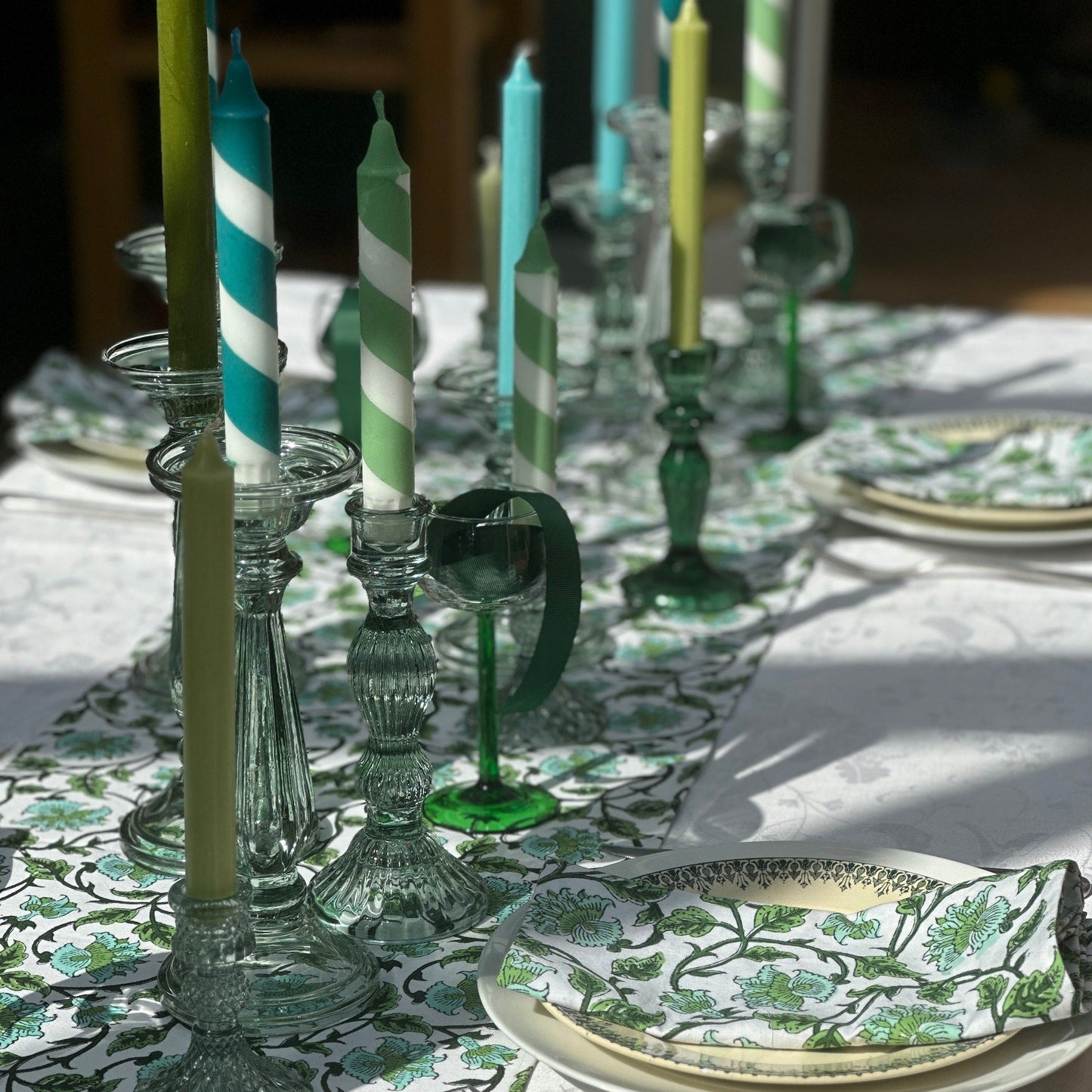 Cloth Cotton Blockprint Napkin - Turquoise & Green Climber 24939