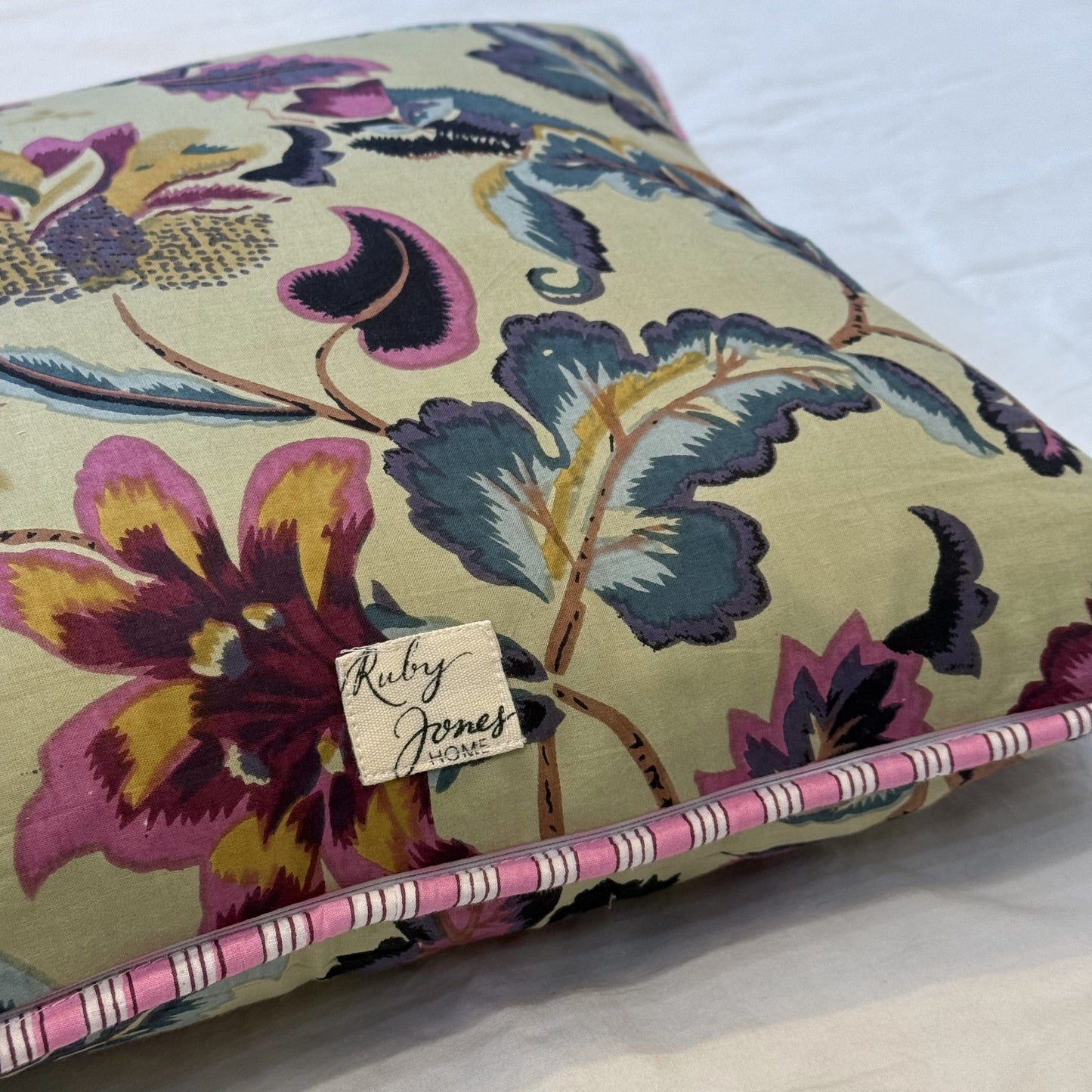Cushions Cushion - Fuchsia, Teal & Gold Flowers on Sage/ Pink Stripe Piping 25068