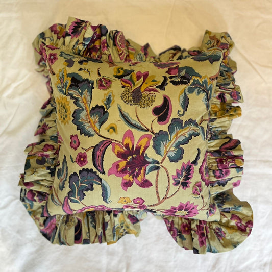 Cushions Cushion - Fuchsia, Teal & Gold Flowers on Sage with matching Ruffle 24451