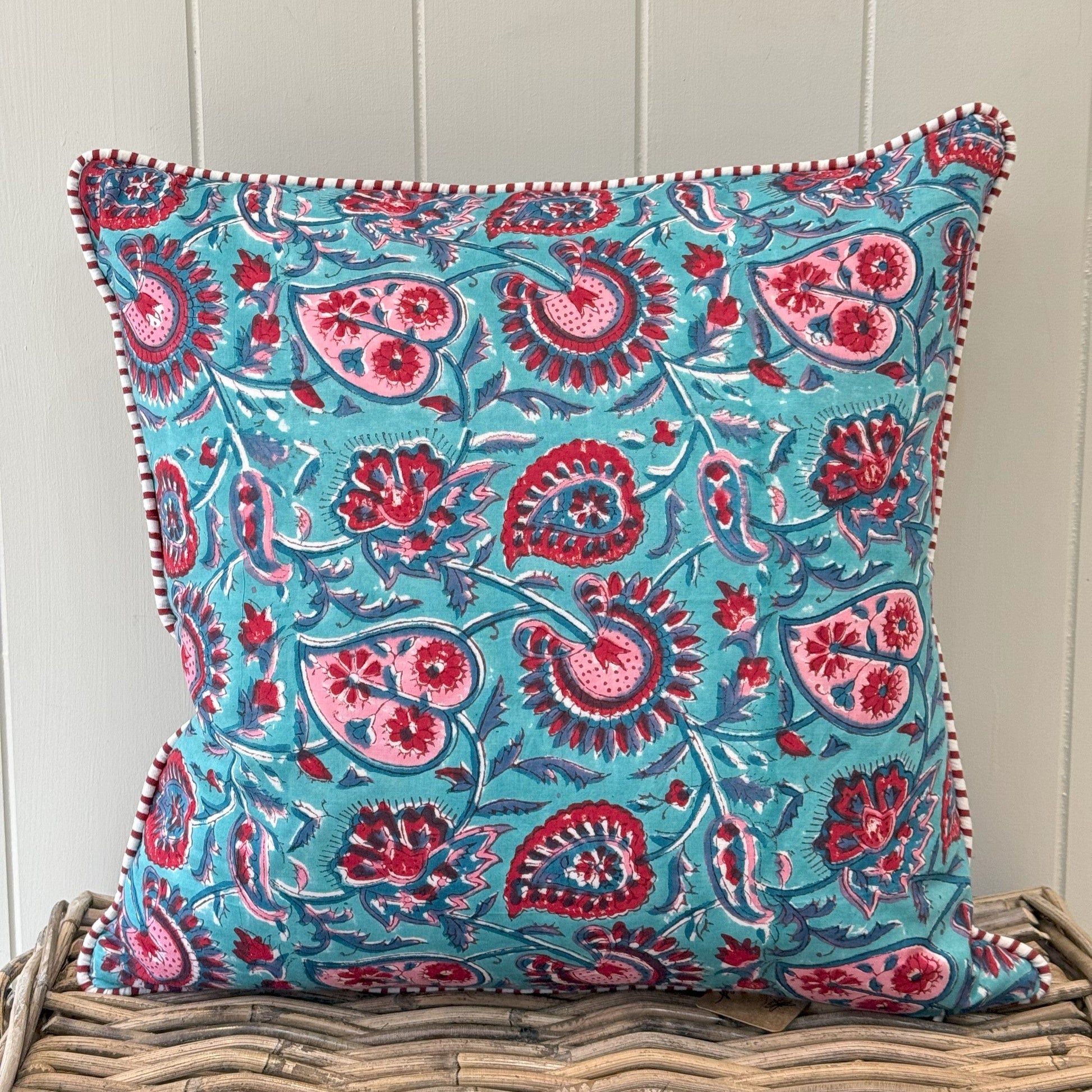 Cushions Cushion - Garnet Leaves on Turquoise Square 40x40cm with Piping 24879