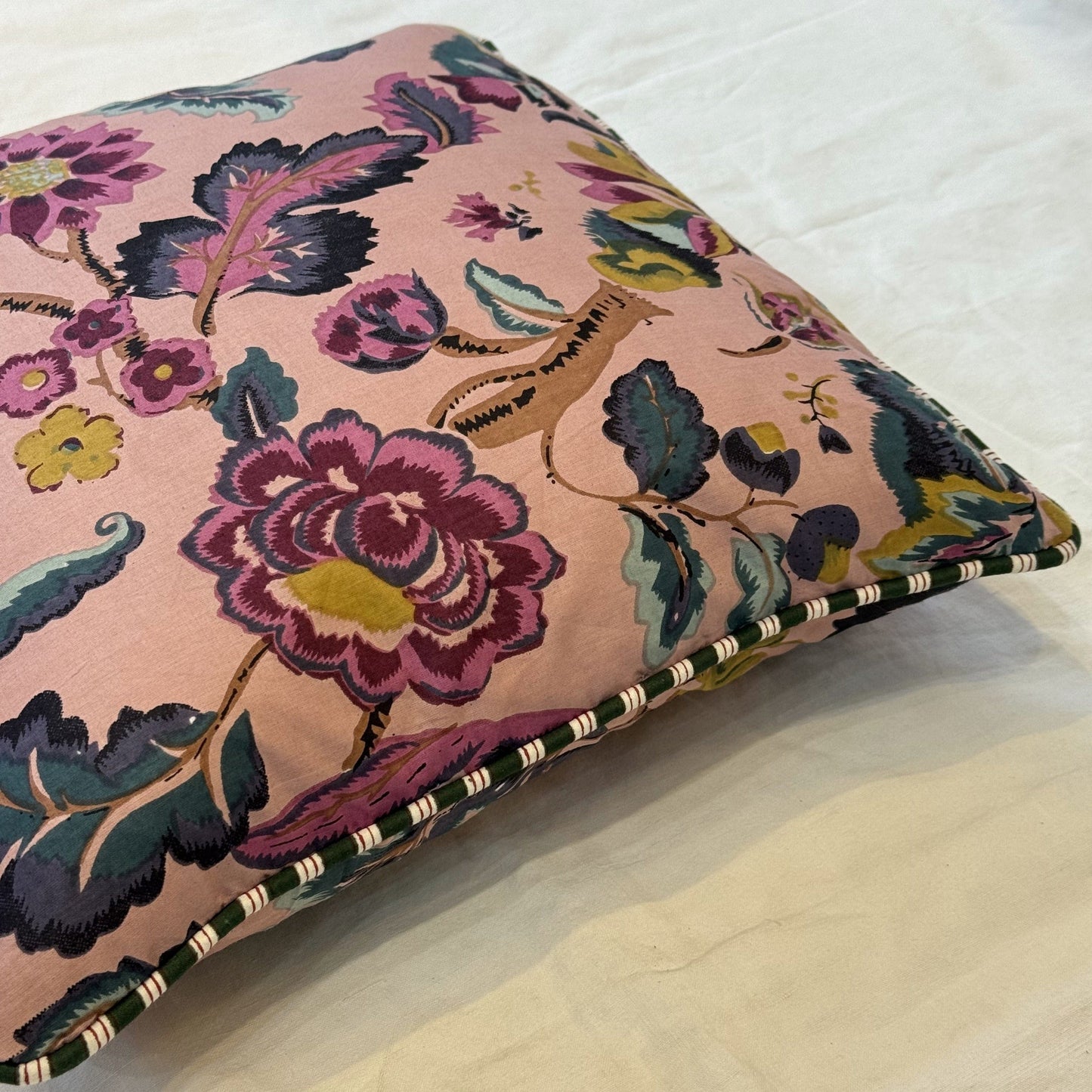 Cushions Cushion - Gold & Teal Botanical on Blush/ Bottle Green Stripe Piping 25069