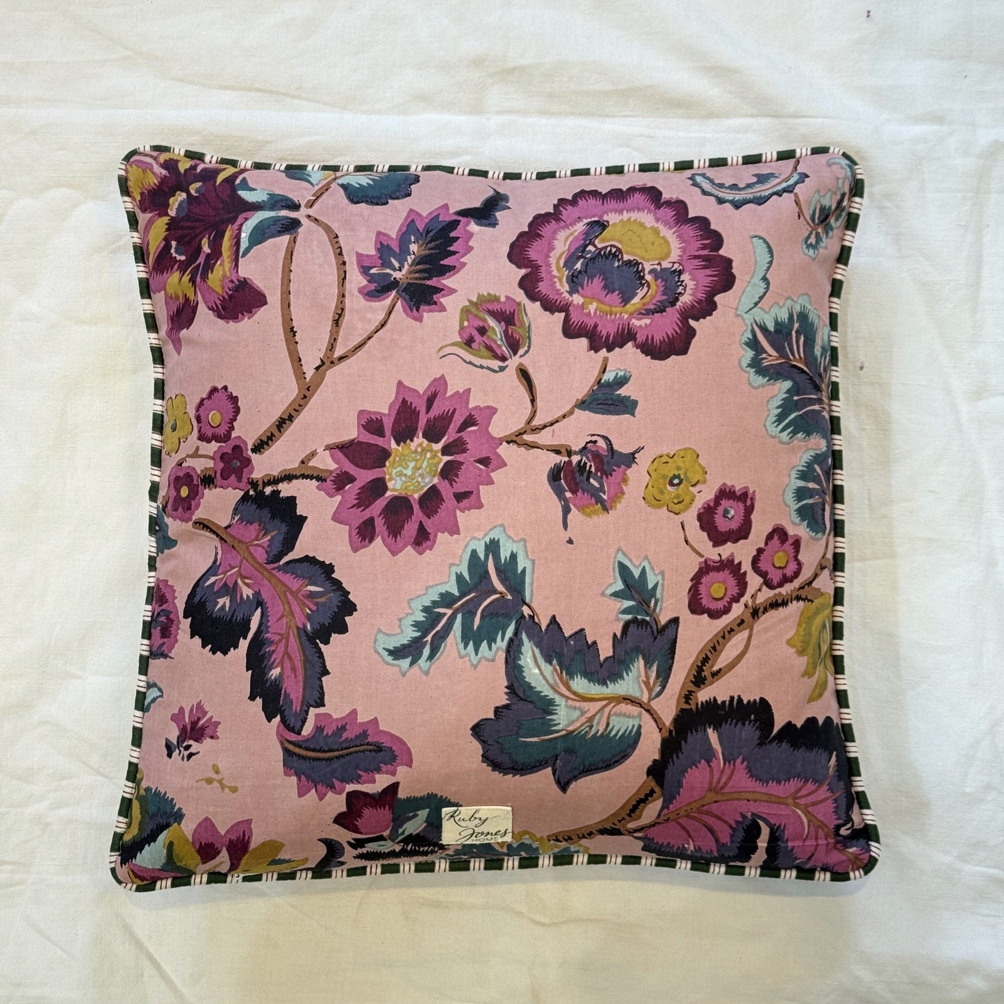 Cushions Cushion - Gold & Teal Botanical on Blush/ Bottle Green Stripe Piping 25069