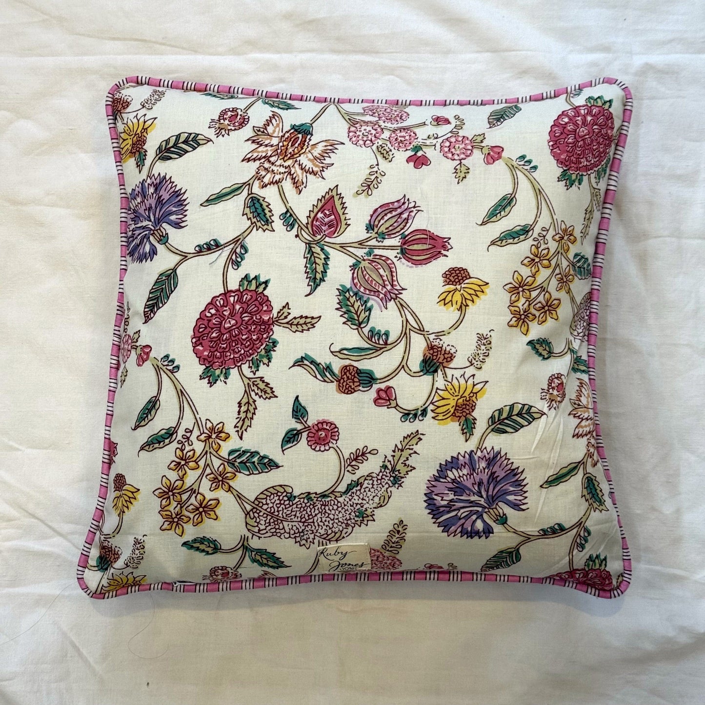 Cushions Cushion - Meadow Blooms on Ivory/ Pink Stripe Piping 25071