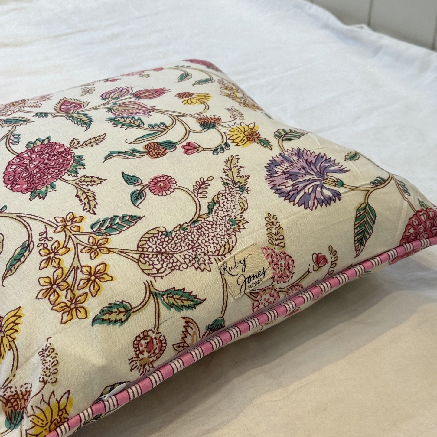 Cushions Cushion - Meadow Blooms on Ivory/ Pink Stripe Piping 25071