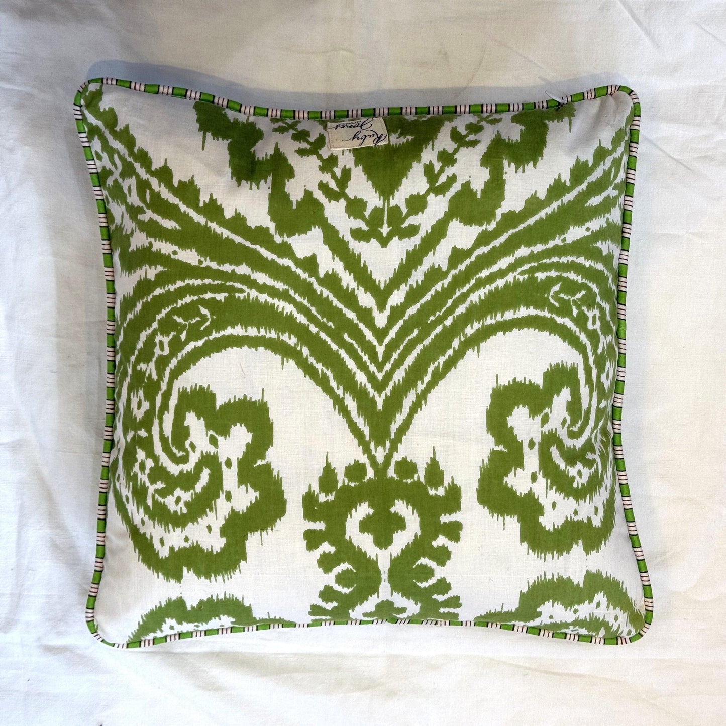 Cushions Cushion - Pea Green on Ikat with Green stripe Piping 25065