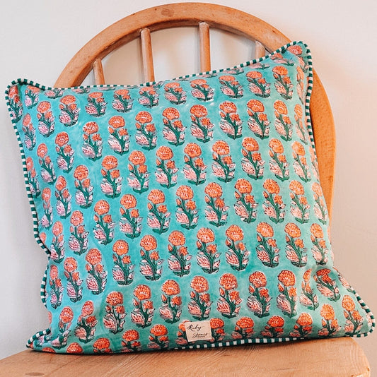Cushions Cushion - Pink Country Flowers on Aqua with Aqua Piping 24291