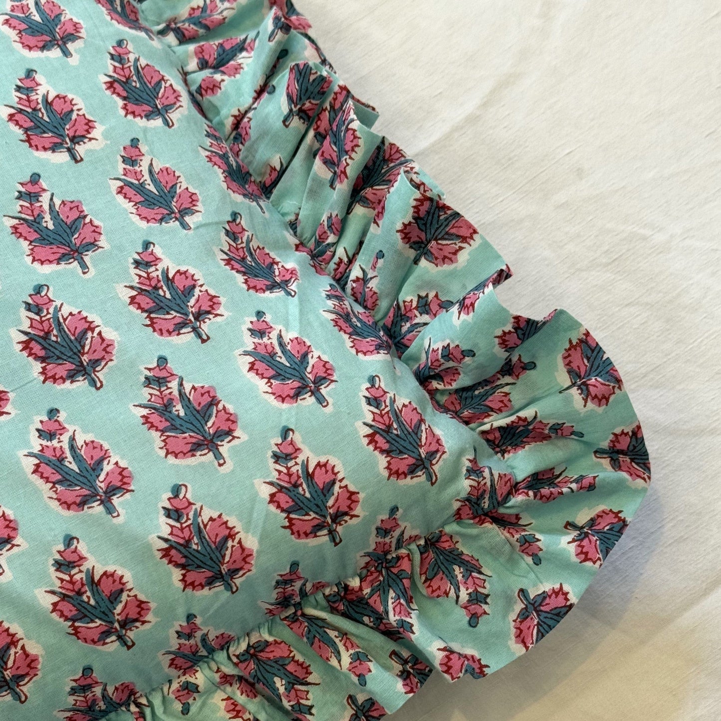 Cushions Cushion - Pink Flowers on Turquoise with matching Ruffle 22472