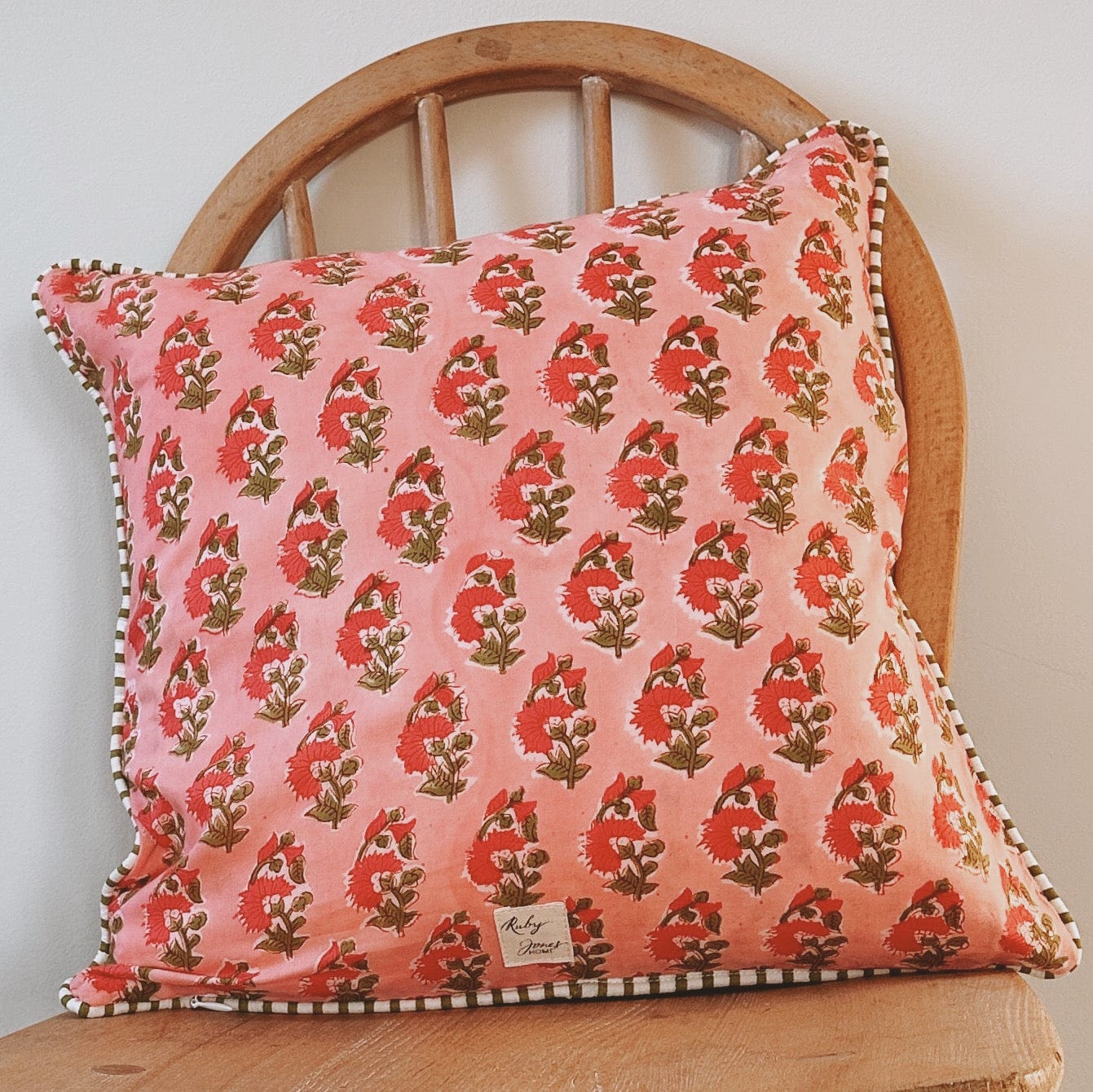 Cushions Cushion - Raspberry Flowers on Blush with Olive Piping 24285