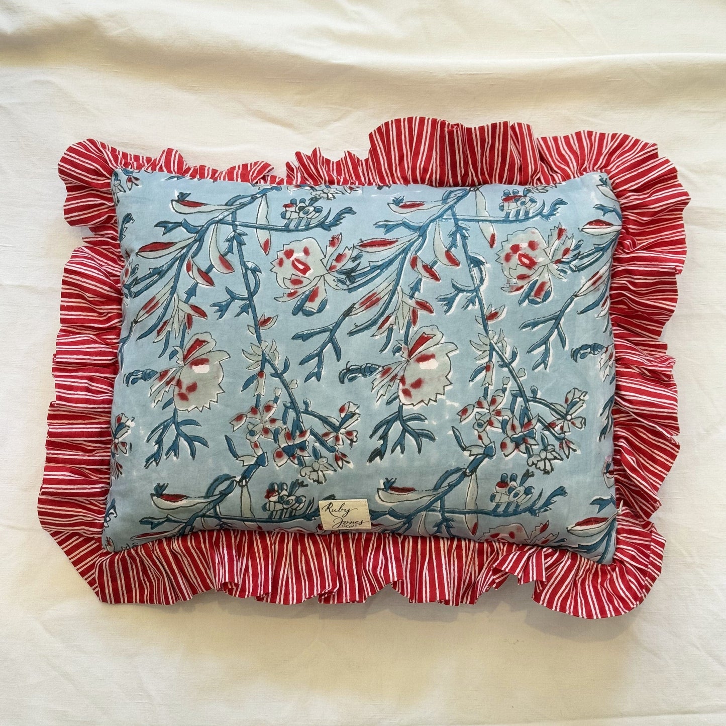 Cushions Cushion - Sky Blue & Red Botanical - Rectangular Red/White Stripe Piping 22168