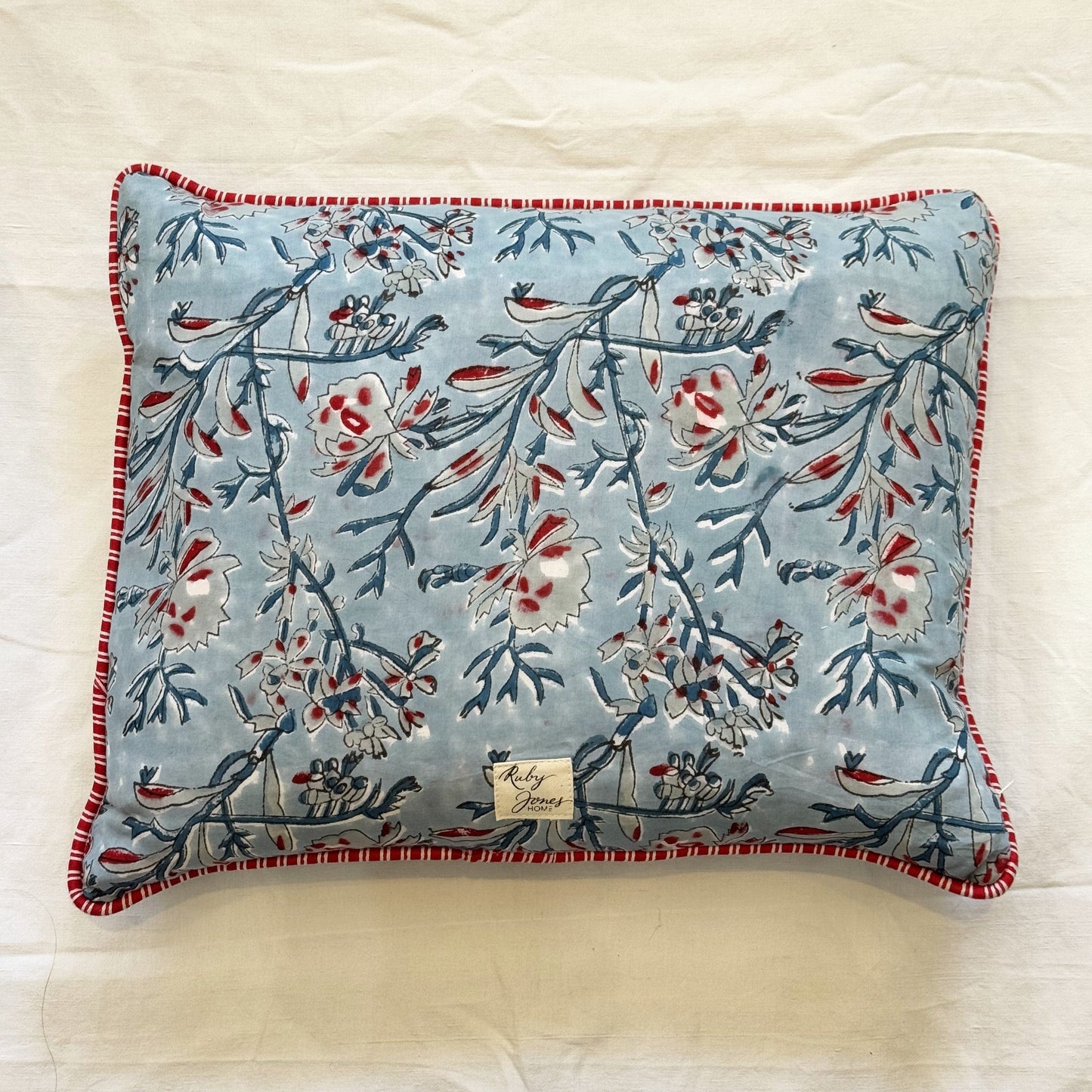 Cushions Cushion - Sky Blue & Red Botanical - Rectangular Red/White Stripe Ruffle 22169