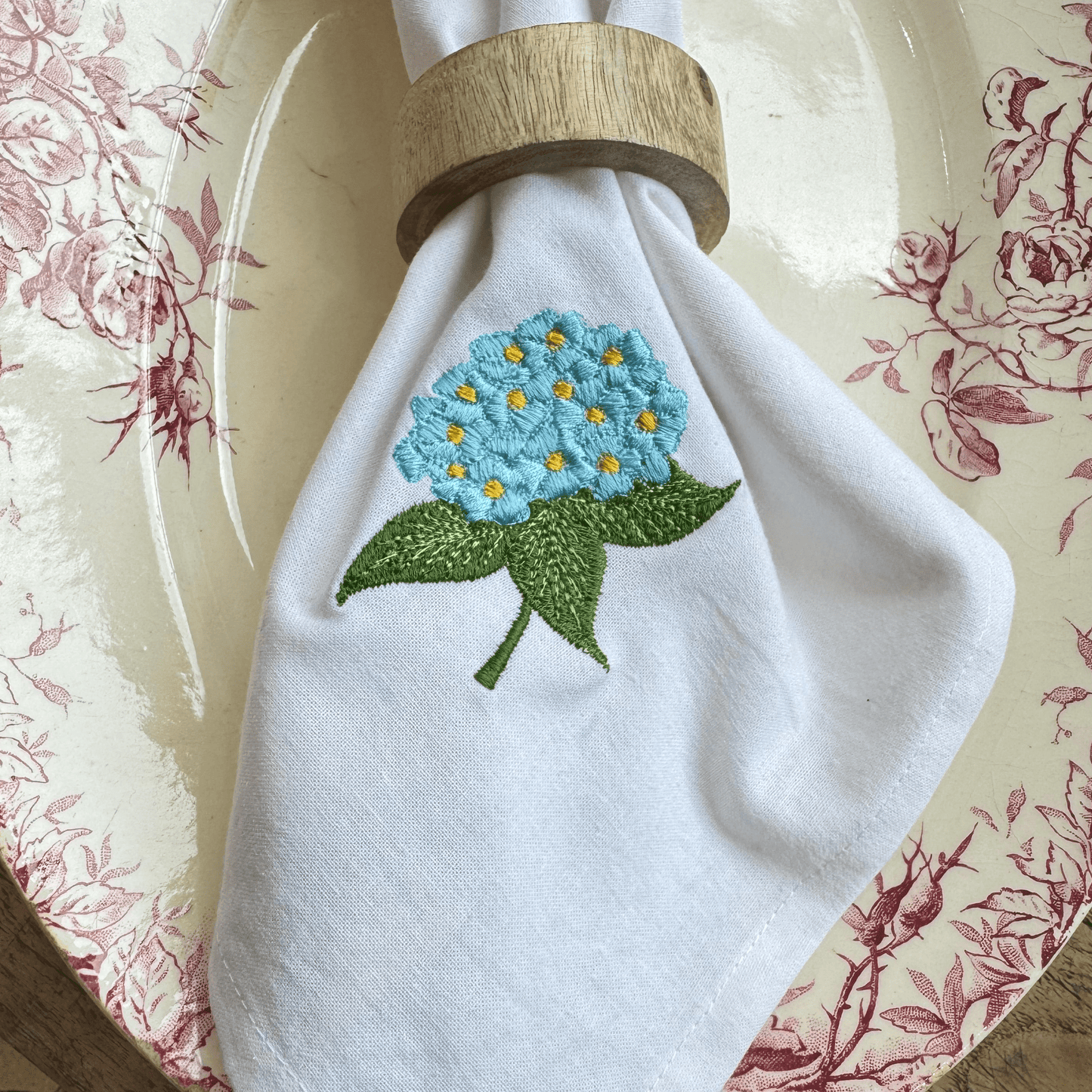 Cloth Embroidered Cotton Napkin - Blue Hydrangeas 25087