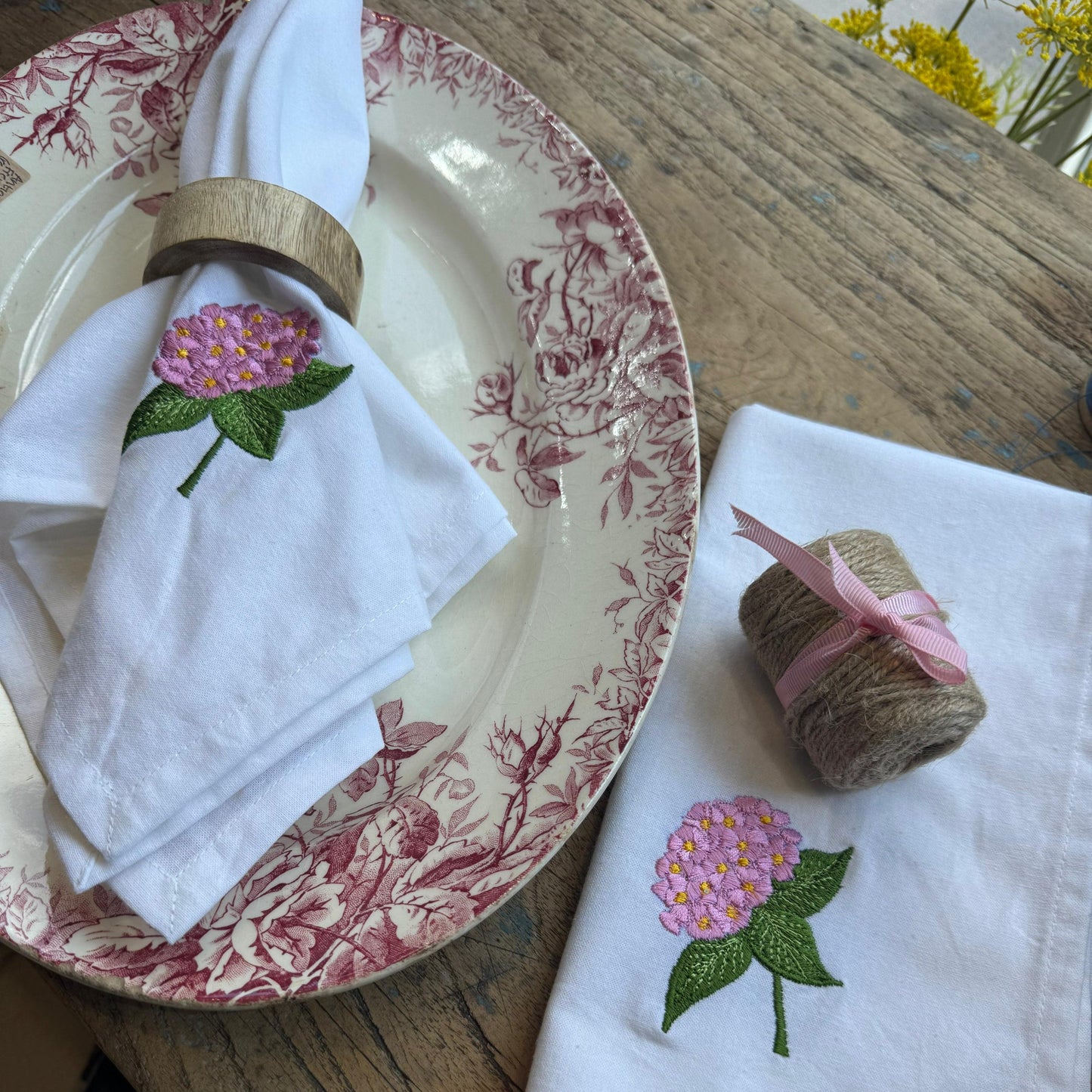 Cloth Embroidered Cotton Napkin - Pink Hydrangeas 25086