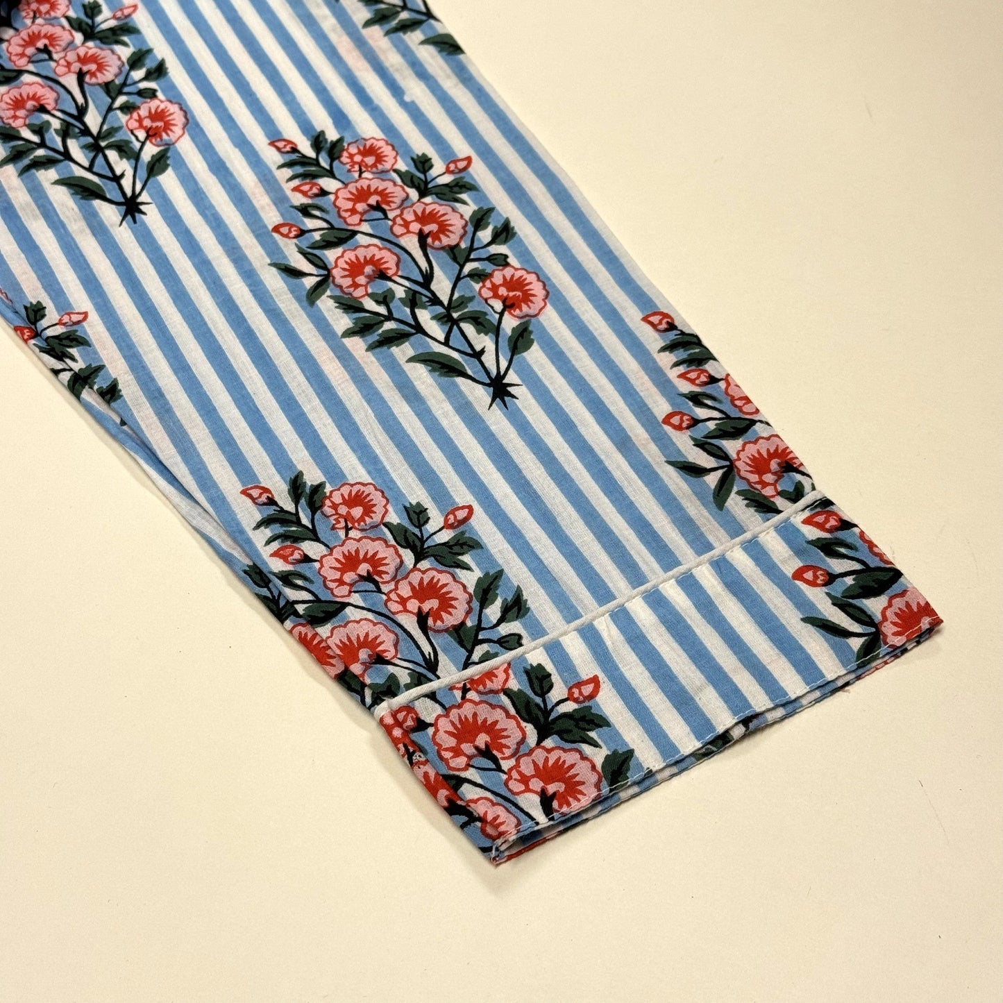 Pyjamas Fine Cotton PJ's - Pink Posy on Sky Stripe