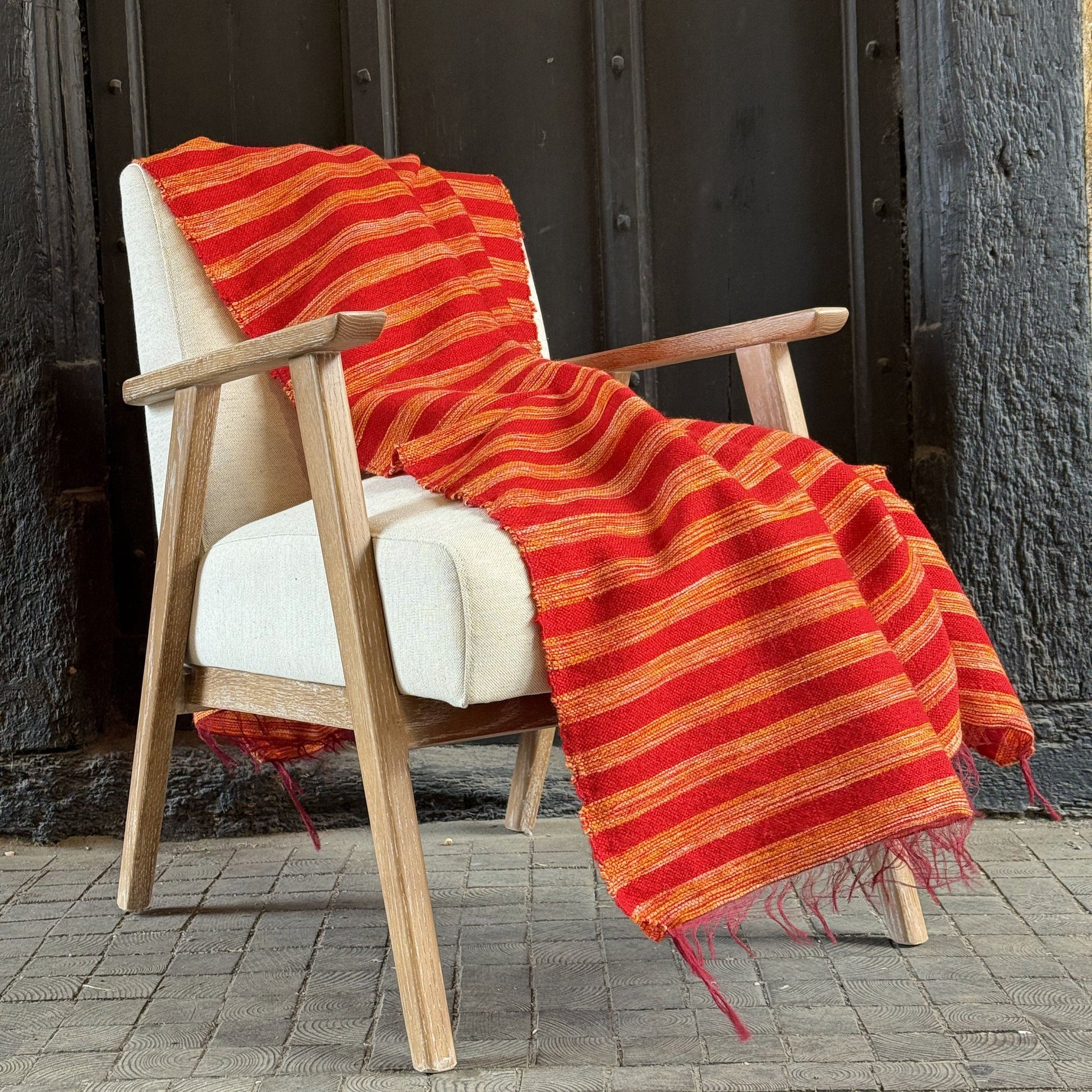 Woollen Throws Hand-loomed Wool Throw Red & Sunset Stripe on Maroon Weft 25133