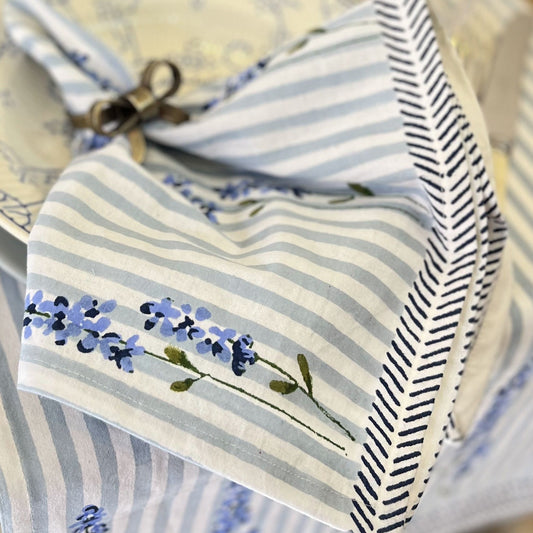 Cloth Hand Printed Napkin - English Lavender on Powder Blue Stripe 27984