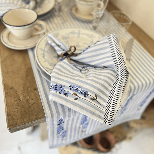 Table Runners Hand Printed Table Runner - English Lavender on Powder Blue Stripe 27979
