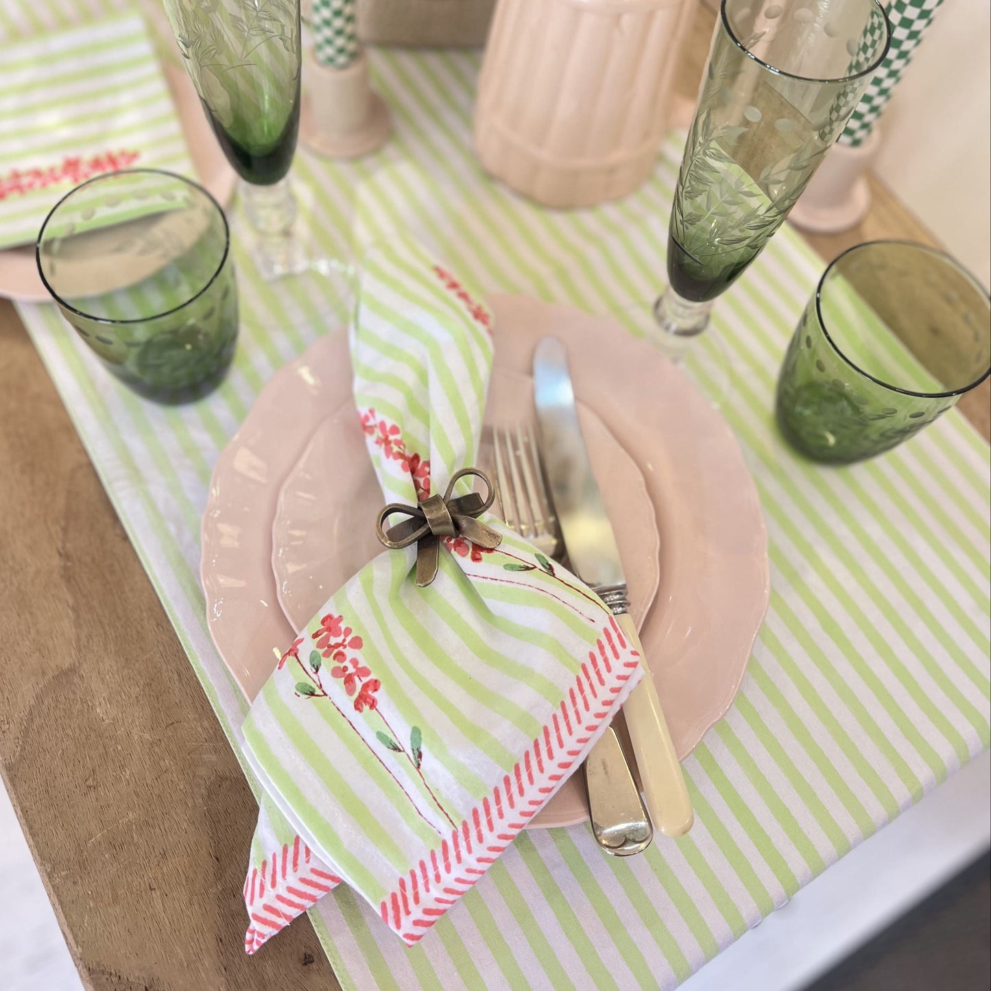 Table Runners Hand Printed Table Runner - Pink Lavender on Laurel Green Stripe 27980
