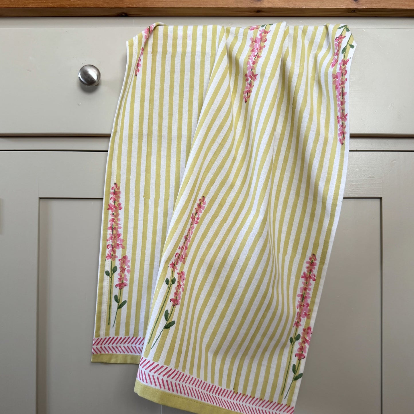Tea Towels Hand Printed Tea Towel - Pink Lavender on Pale Green Stripe 27745