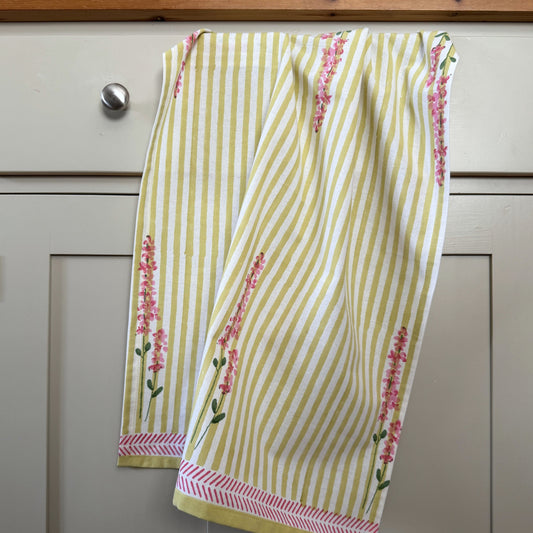 Tea Towels Hand Printed Tea Towel - Pink Lavender on Pale Green Stripe 27745