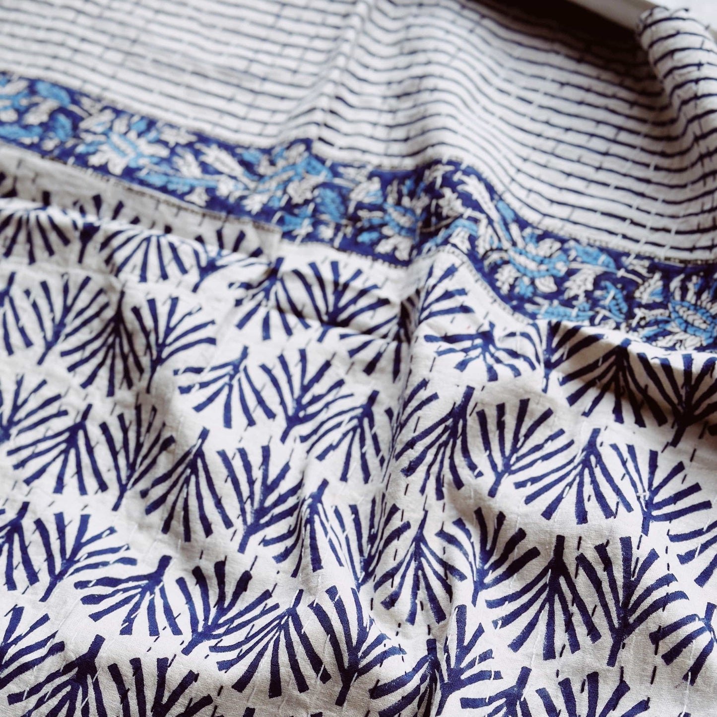 Kanthas & Kantha Quilts Kantha Quilt - Blue Palm Leaves 21481