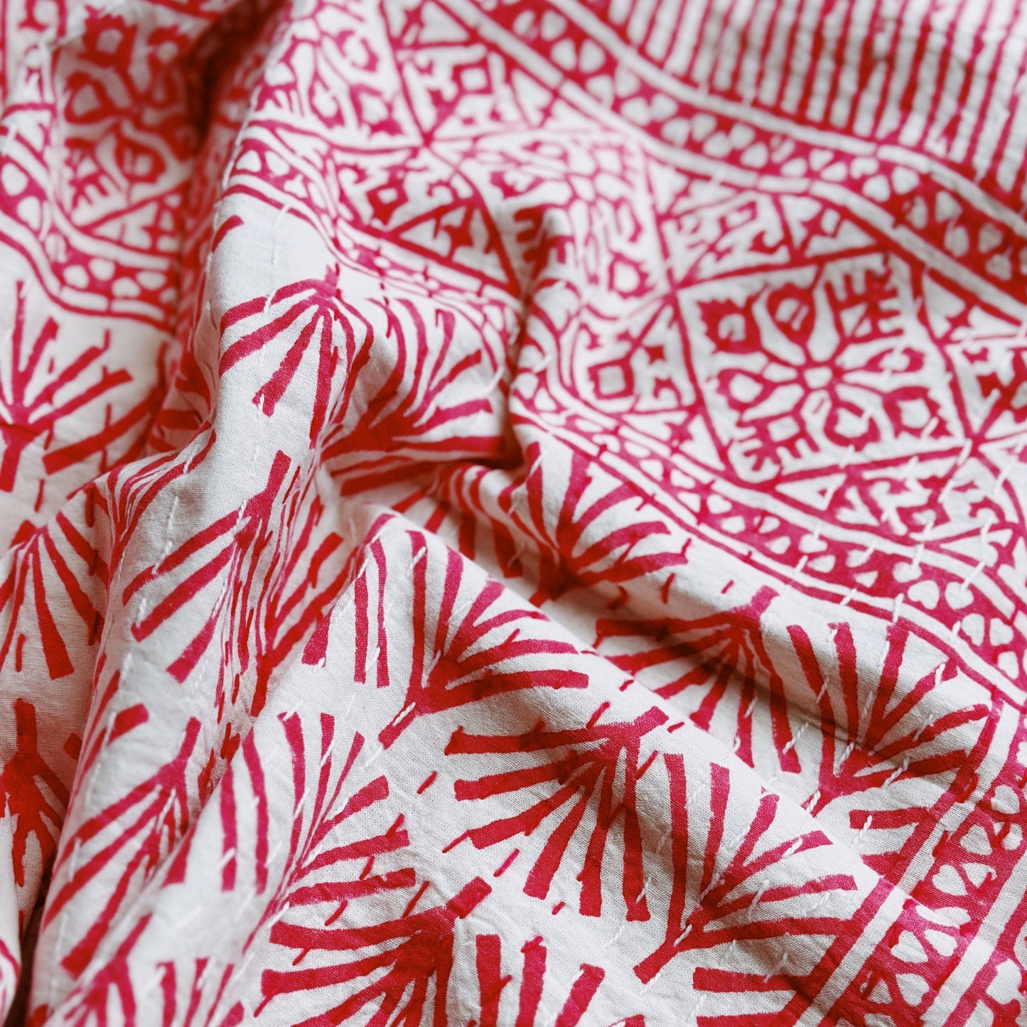 Kanthas & Kantha Quilts Kantha Quilt - Fuchsia Palm Leaves 21484