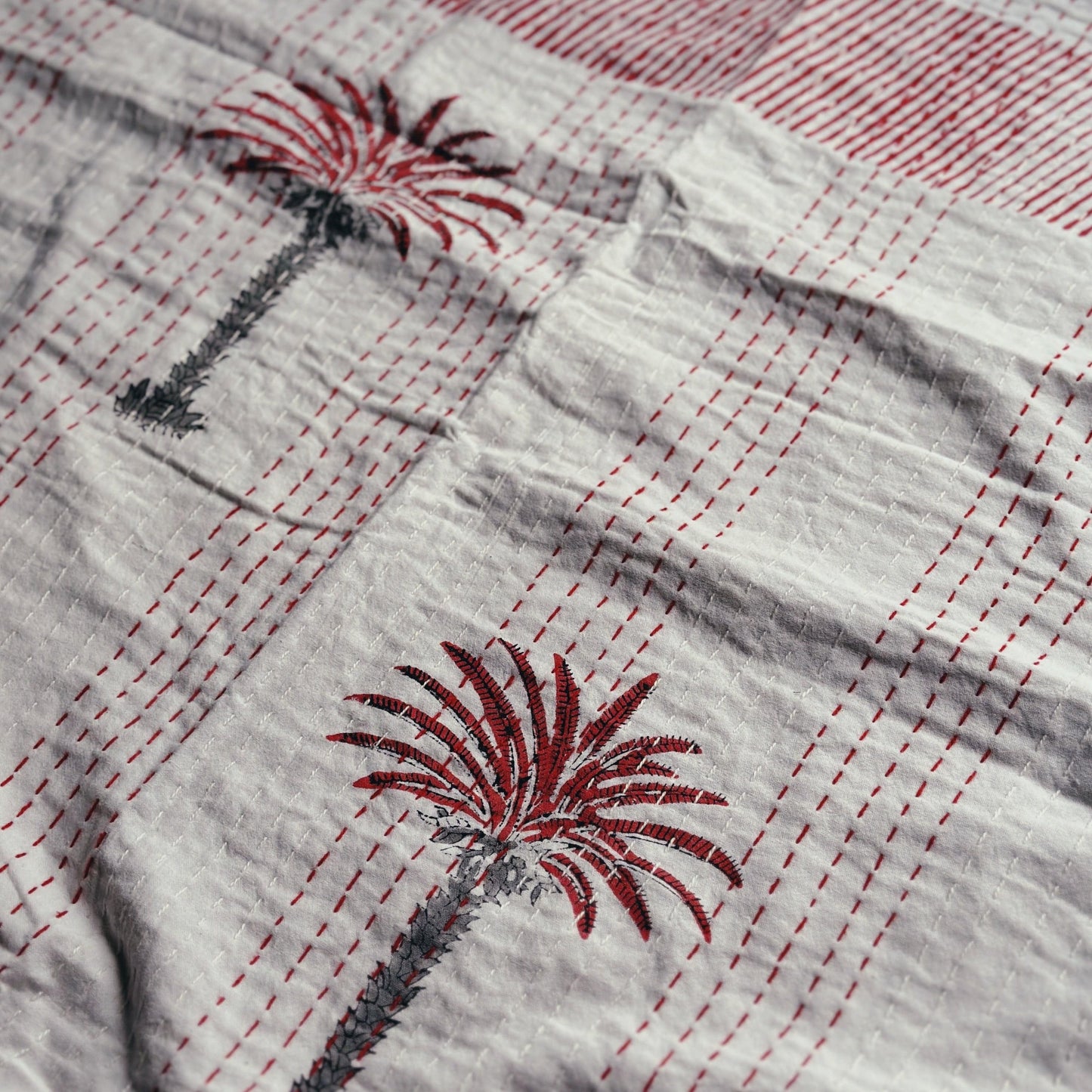 Kanthas & Kantha Quilts Kantha Quilt - Magenta Palm Trees on White 21477