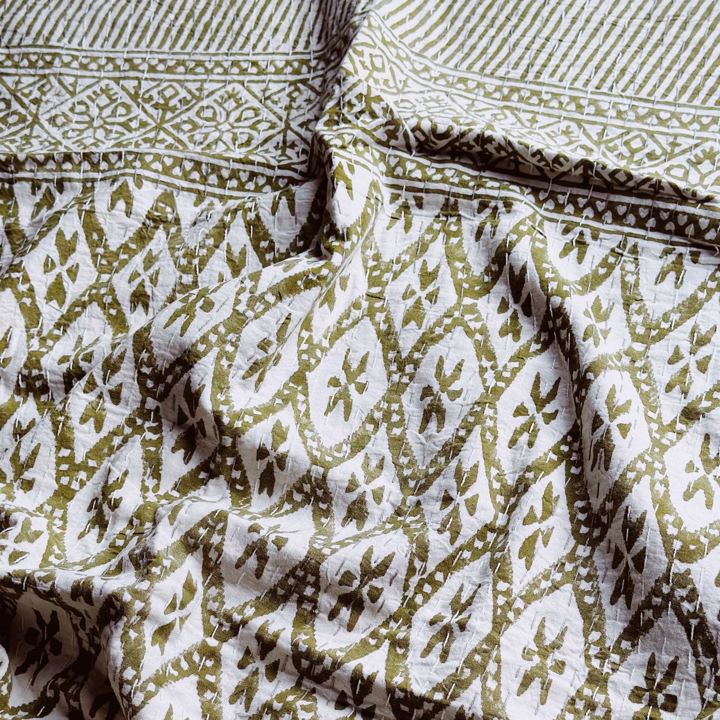 Kanthas & Kantha Quilts Kantha Quilt - Olive Diamond Geometric 21479