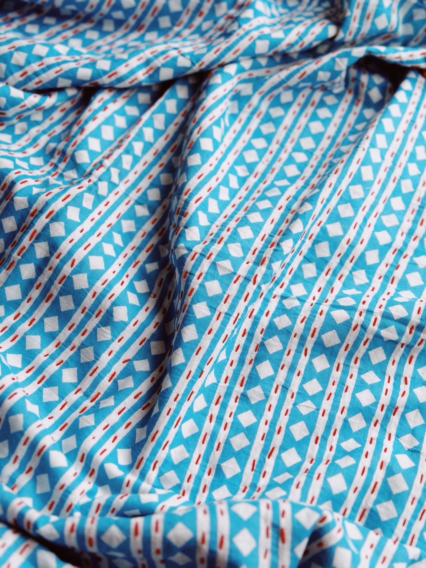 Kanthas & Kantha Quilts Kantha Quilt - White Diamond on Turquoise with Red Stitching 21486