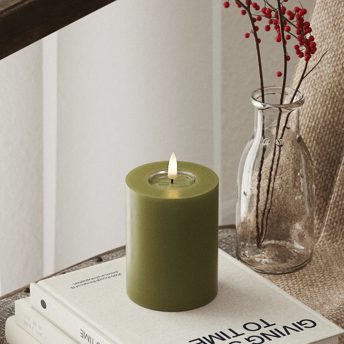 LED Candles LED Pillar Candle D:7.5 cm x H: 10 cm Olive Green 22350