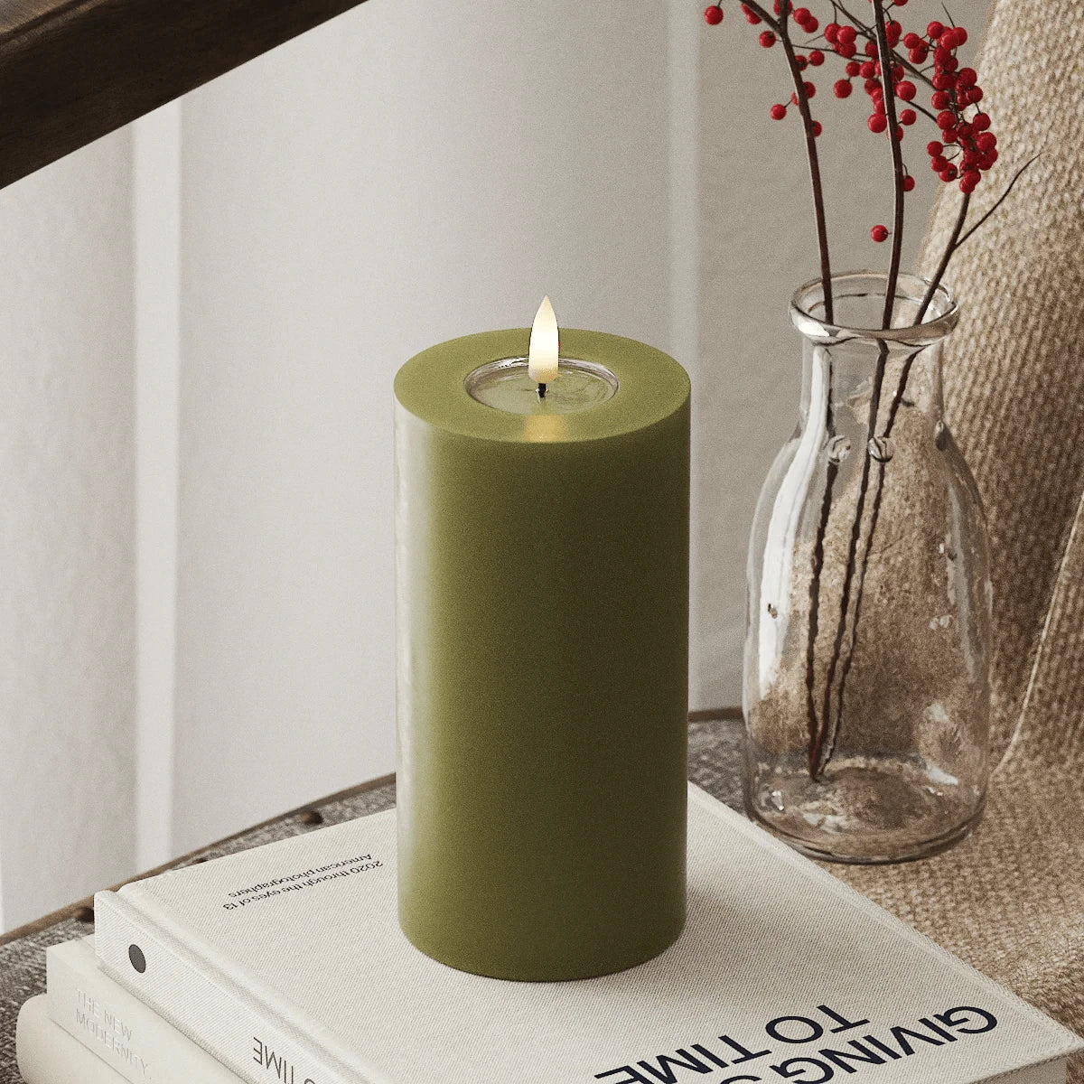 LED Candles LED Pillar Candle D: 7.5cm x 15cm Olive Green 25918