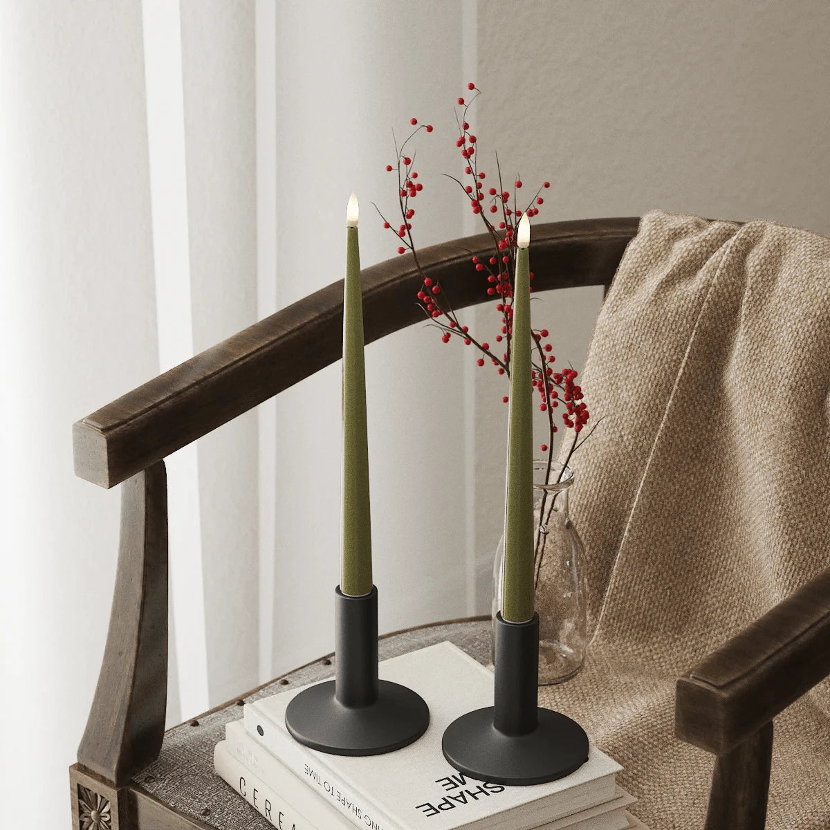 LED Candles LED Shiny Dinner Candle - D: 2cm x H: 28cm/ Pack of Two Olive Green 22362