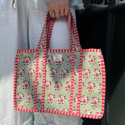 Tote Bags Mini Tote - Pink Country Flowers on Green 28274