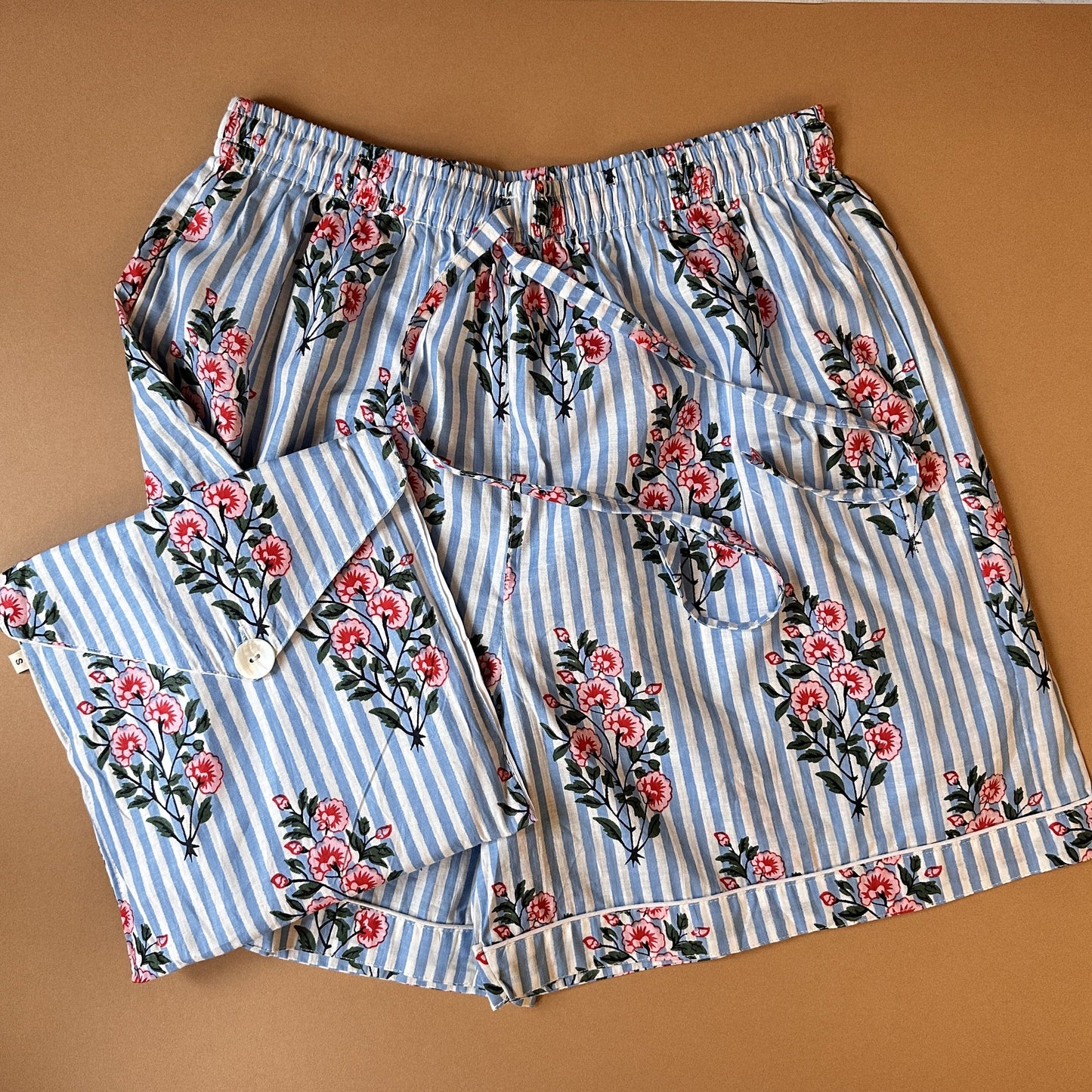 Pyjamas PJ Shorts - Pink Posy on Sky Blue Stripes