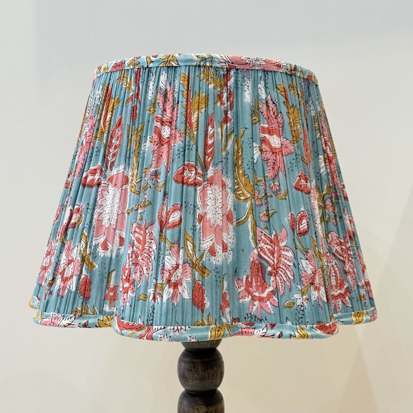 Empire Scalloped Lampshade - Blush Pink Flowers on Aqua