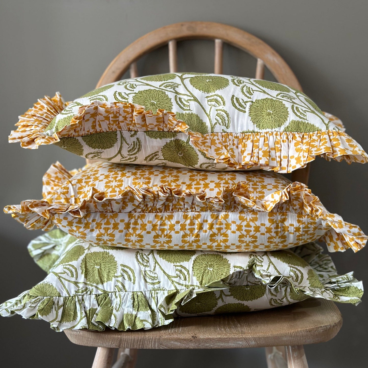 Cushions Small Ruffle Cushion - Pea Green Dahlias